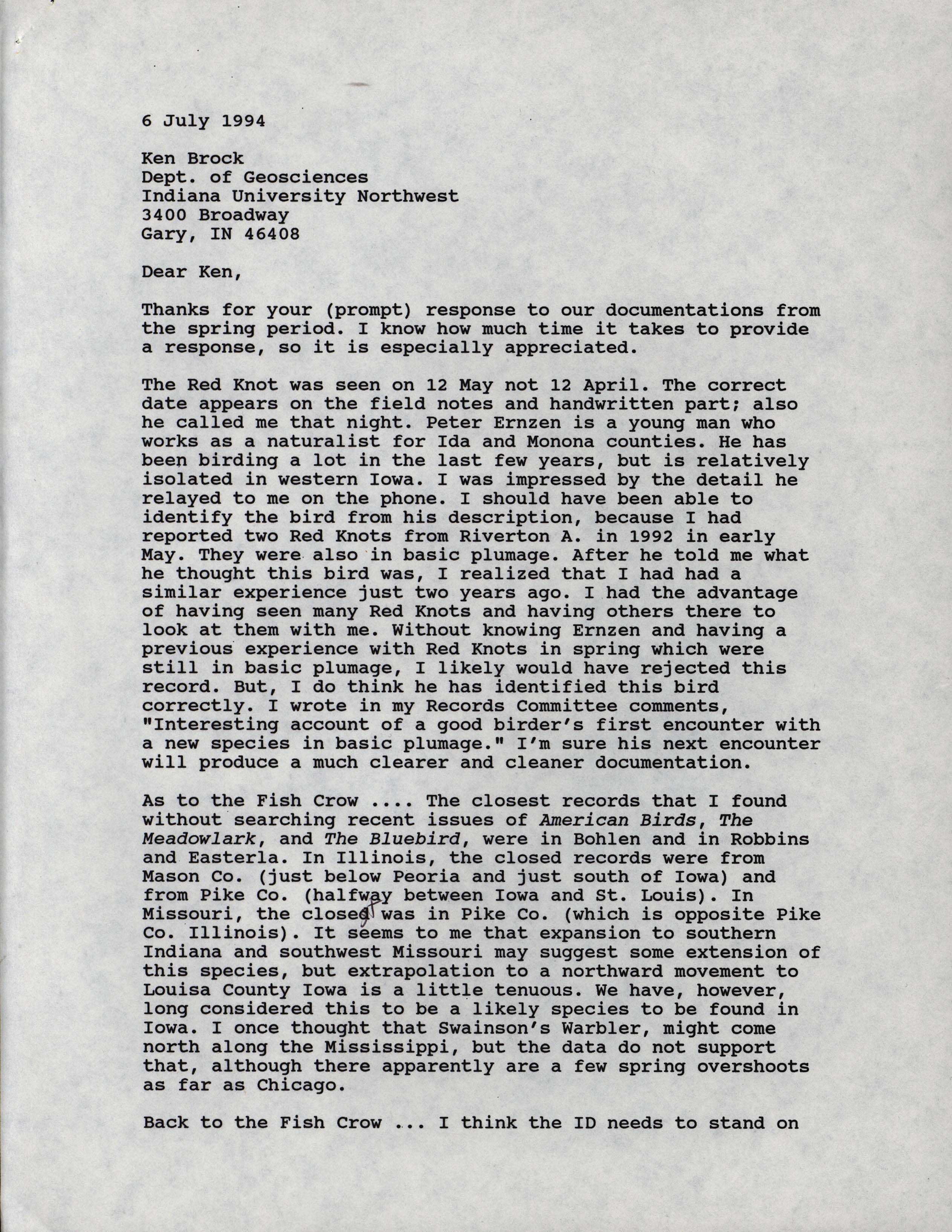 Kenneth Brock letter to Thomas Kent regarding Iowa records, July 6, 1994