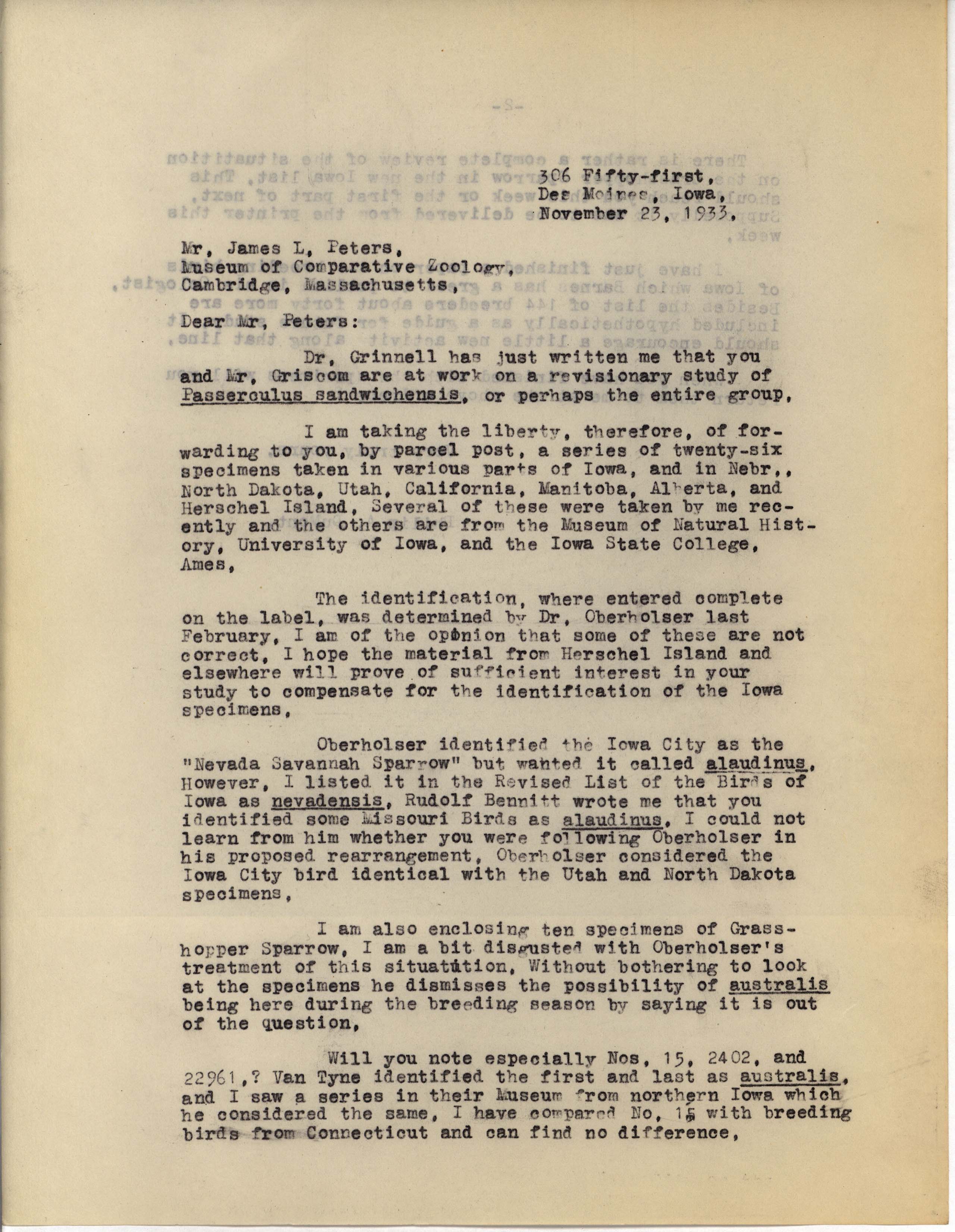 Philip DuMont letter to James Peters regarding Sparrow identification, November 23, 1933