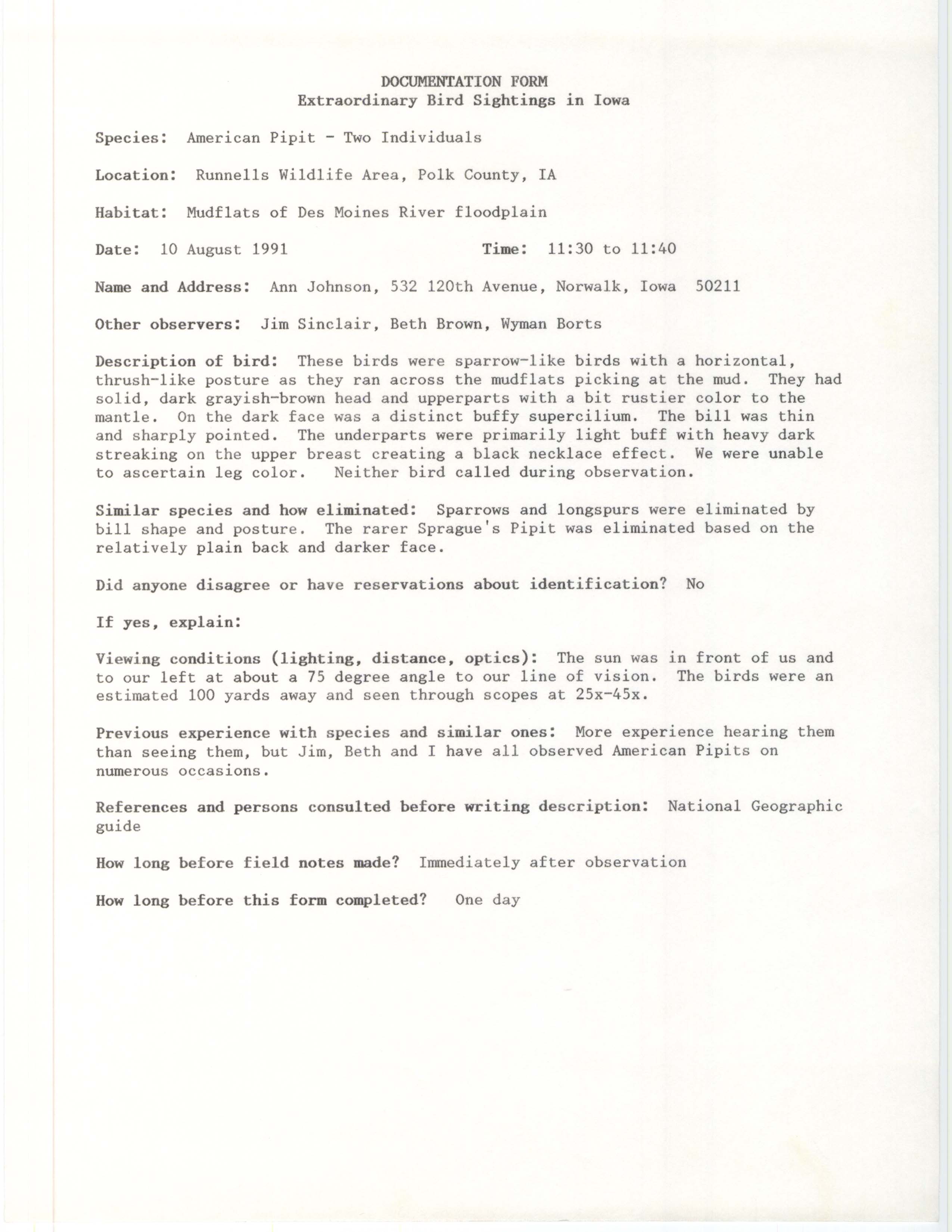 Rare bird documentation form for American Pipit at Runnells Wildlife Area, 1991