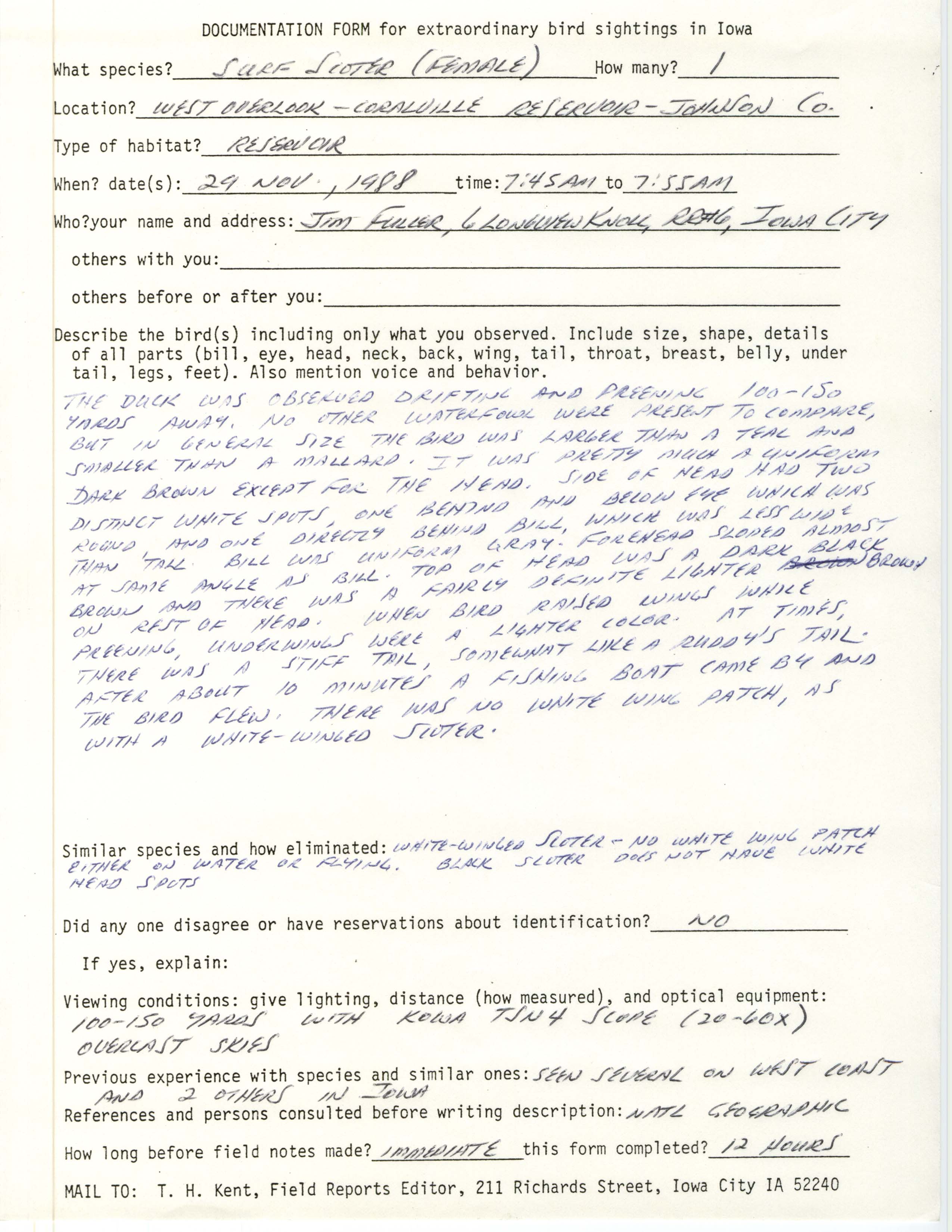 Rare bird documentation form for Surf Scoter at West Overlook at Coralville Reservoir, 1988