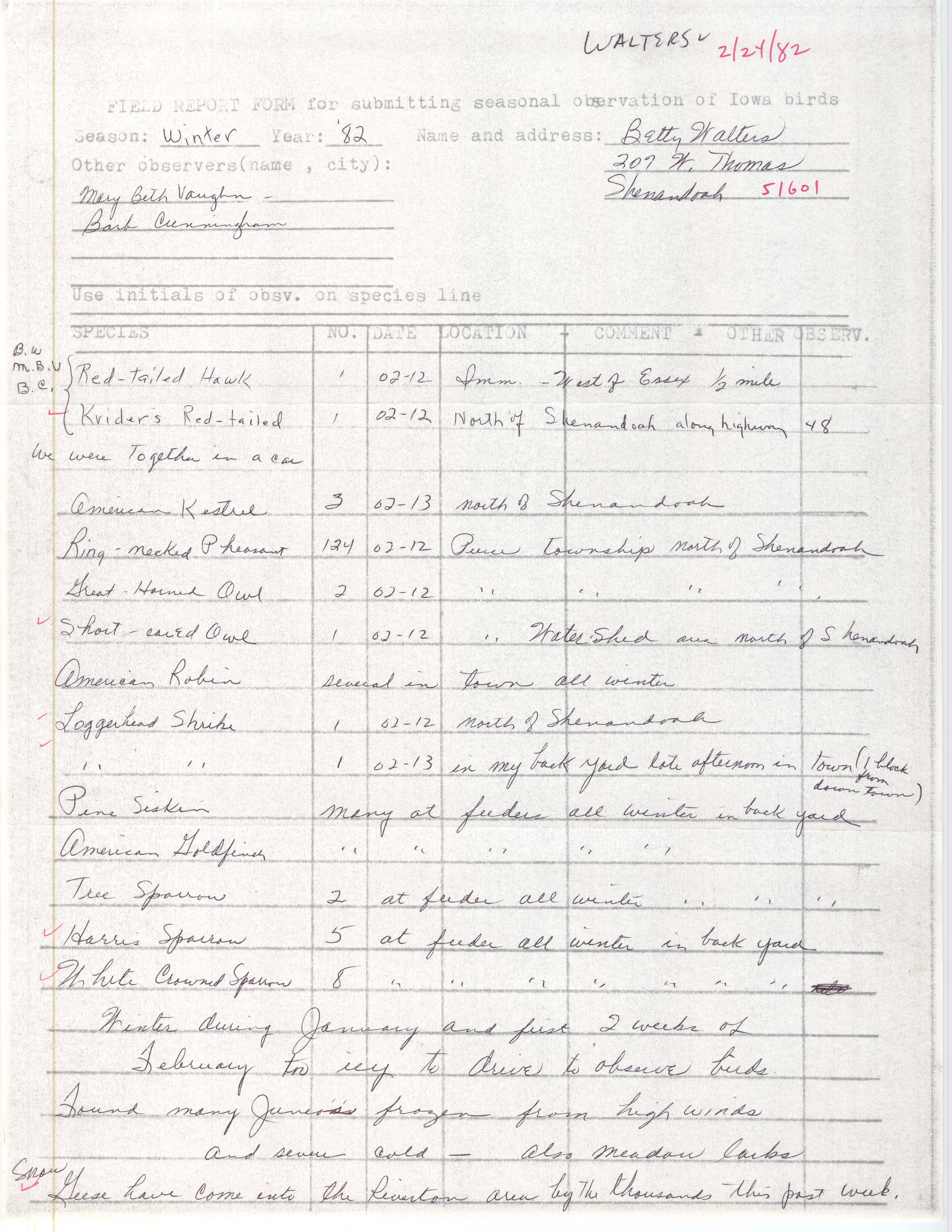 Field notes contributed by Betty Walters, February 24, 1982