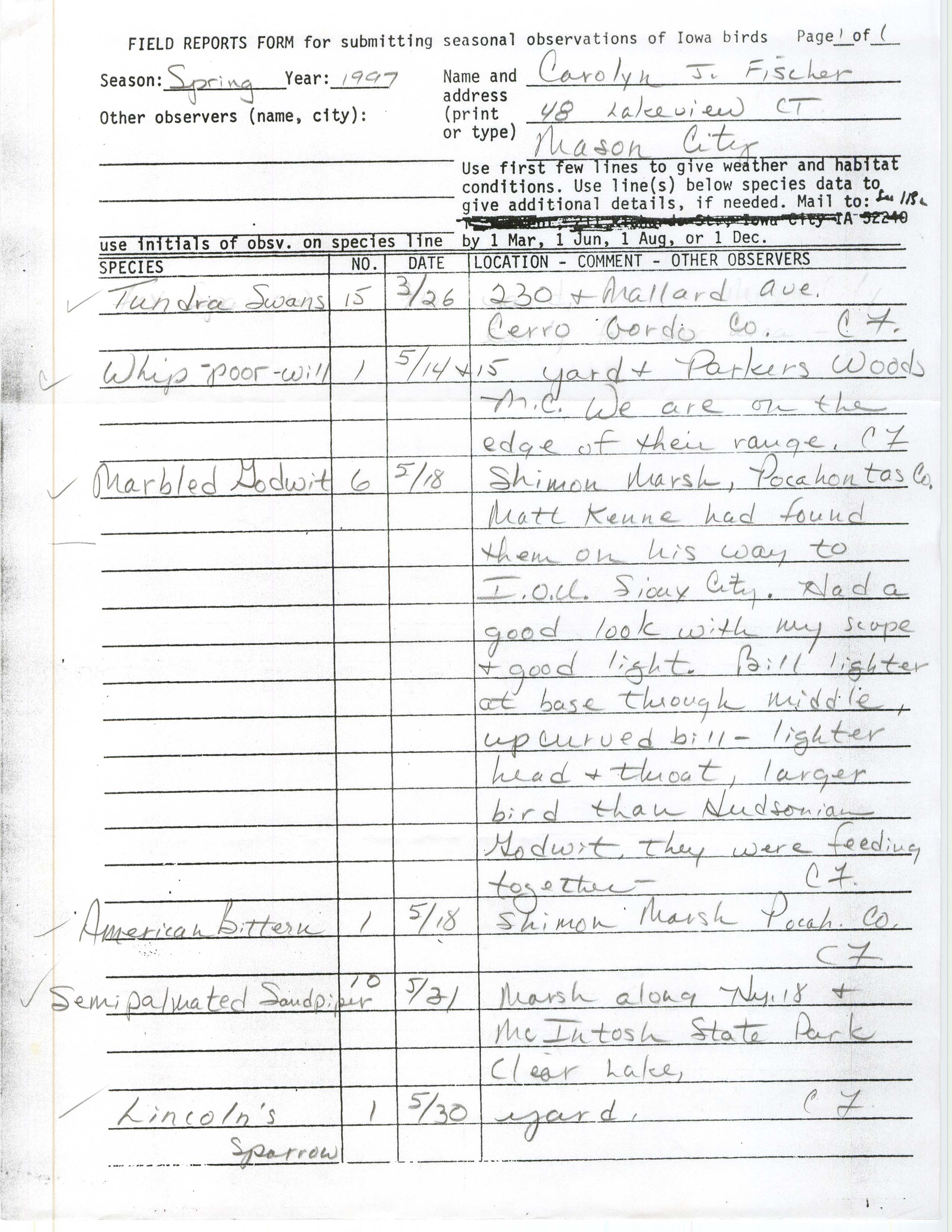 Field reports form for submitting seasonal observations of Iowa birds, Carolyn J. Fischer, spring 1997