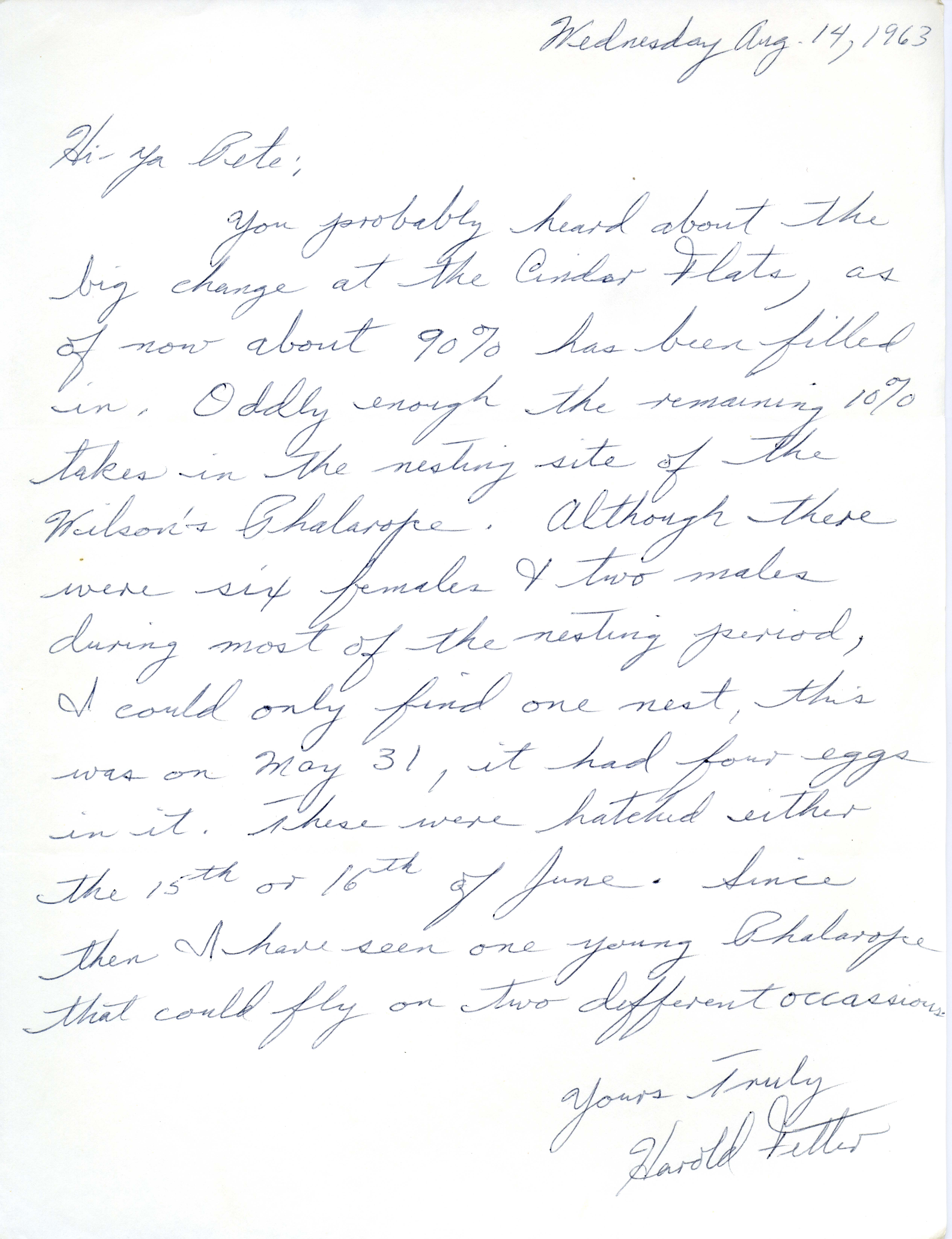 Harold Fetter letter to Peter C. Petersen regarding bird sightings, August 14, 1963