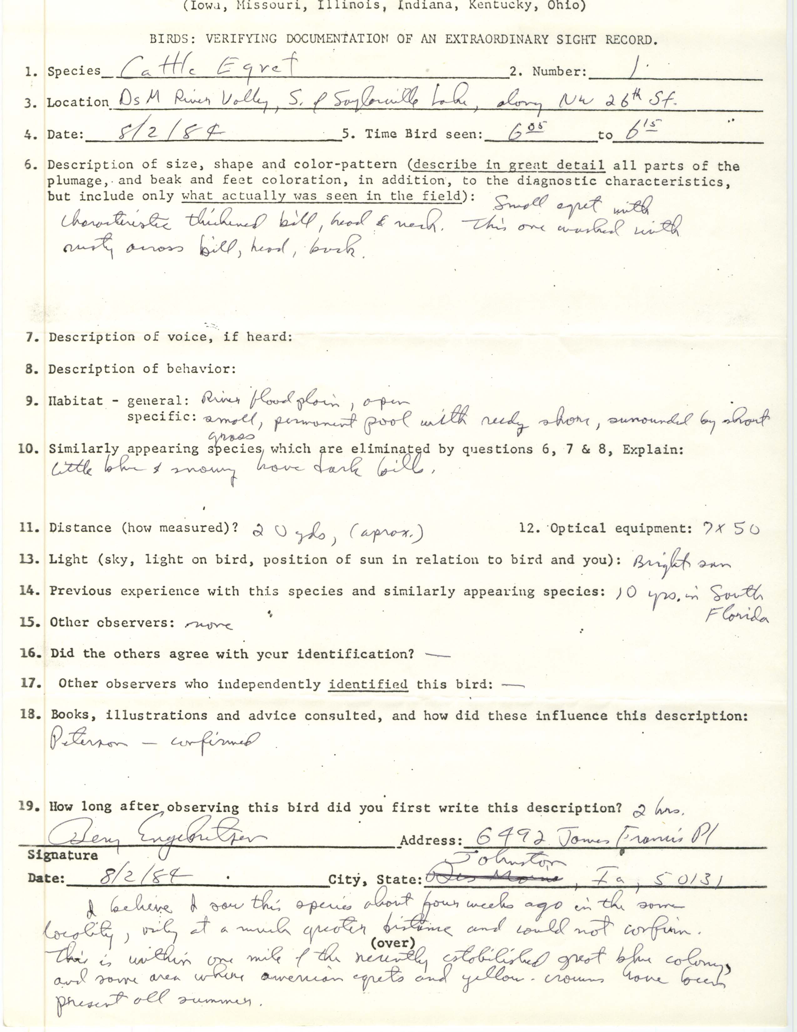 Rare bird documentation form for Cattle Egret at Des Moines River Valley at Saylorville Lake, 1984