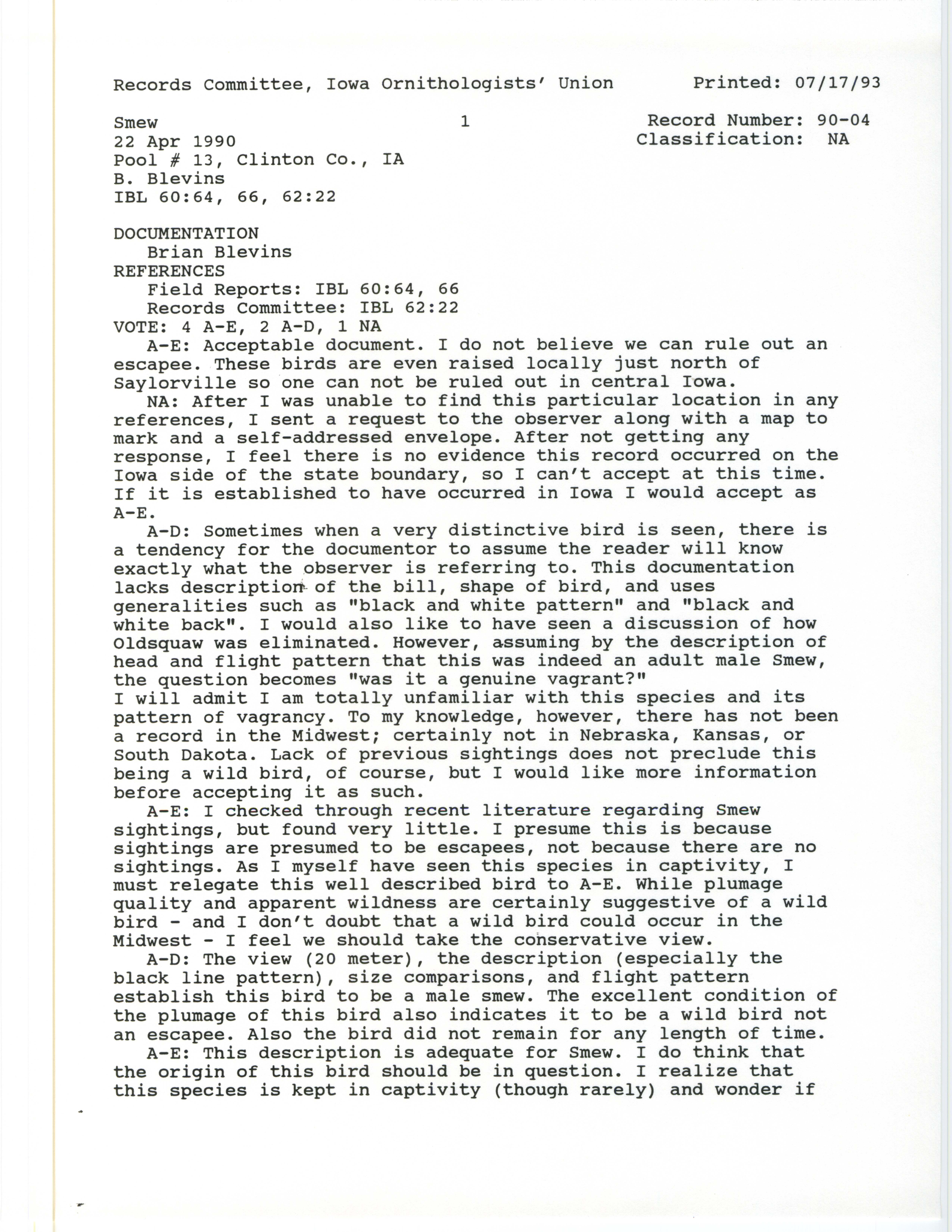 Records Committee review for rare bird sighting for Smew at Pool #13 in Clinton County, 1990