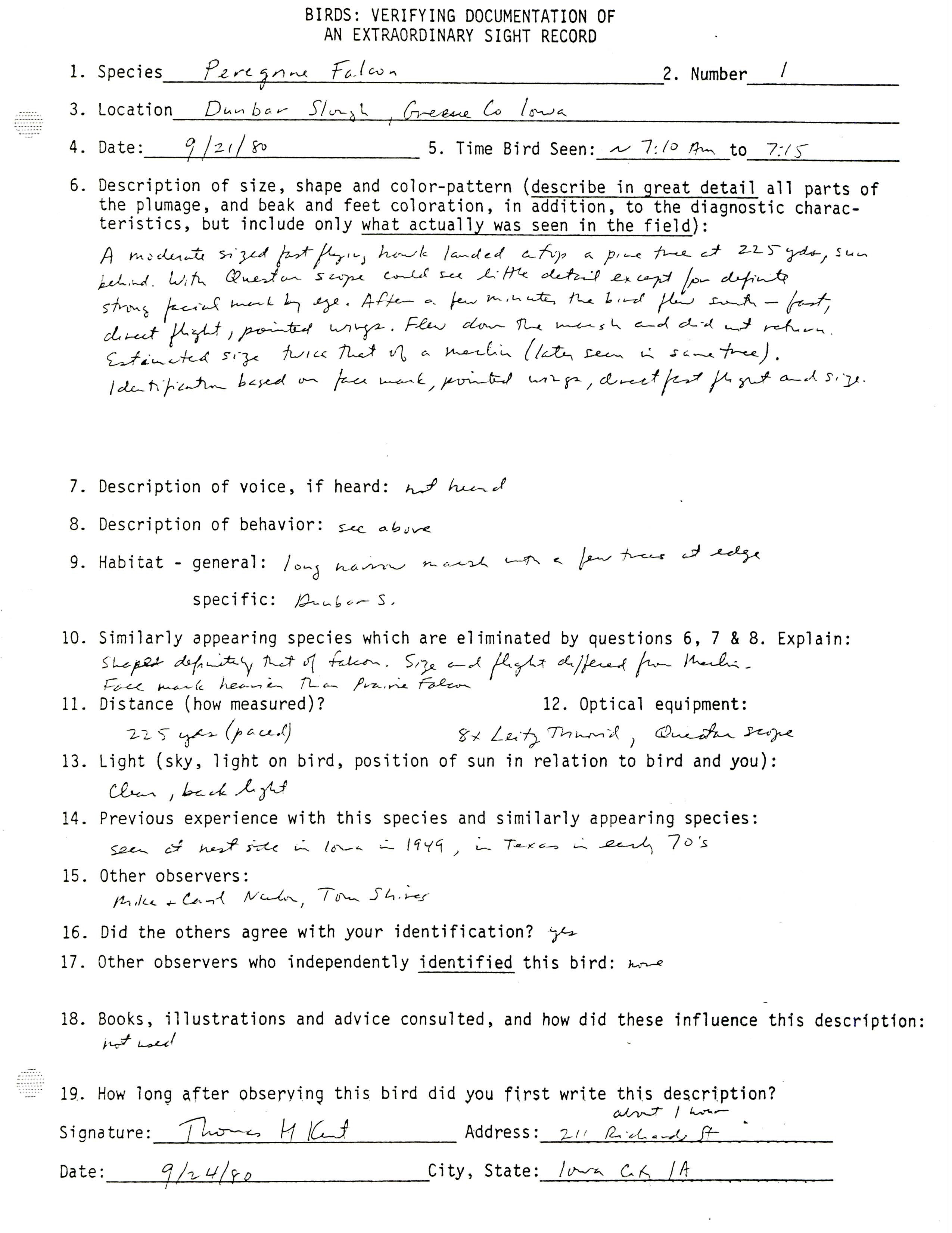 Rare bird documentation form for Peregrine Falcon at Dunbar Slough, 1980