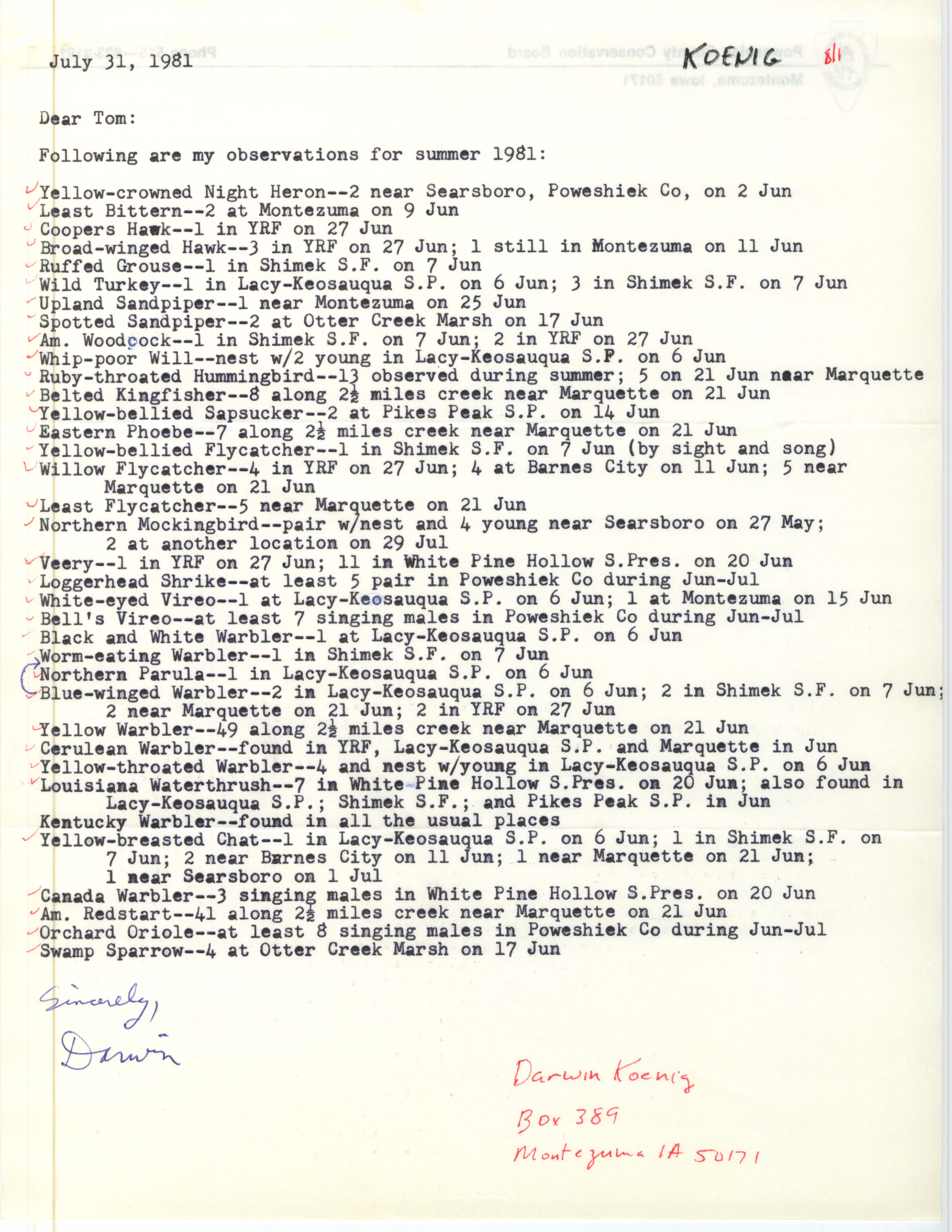 Darwin Koenig letter to Thomas H. Kent regarding summer bird sightings, July 31, 1981