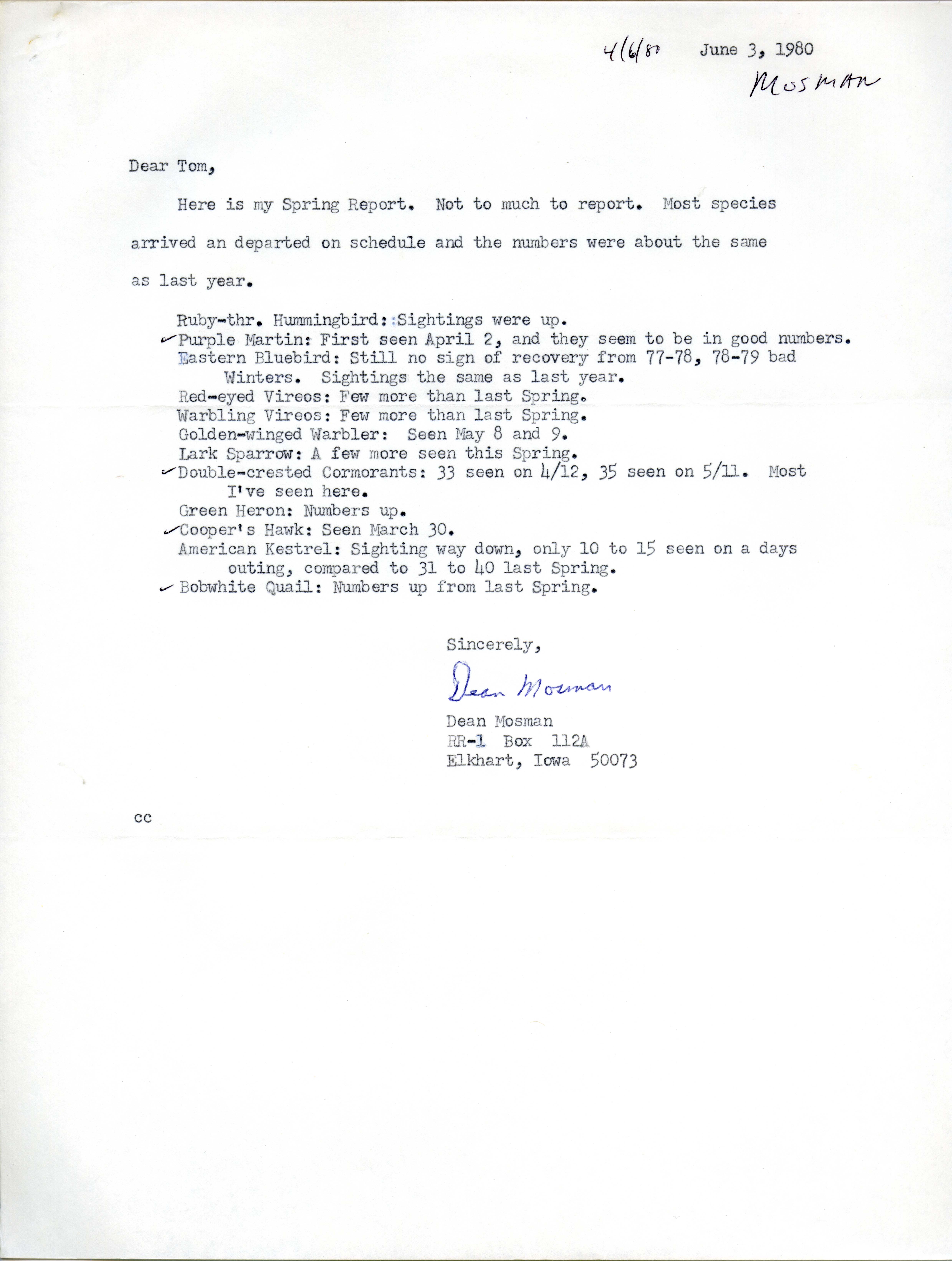 Dean Mosman letter to Thomas H. Kent regarding bird sightings, June 3, 1980