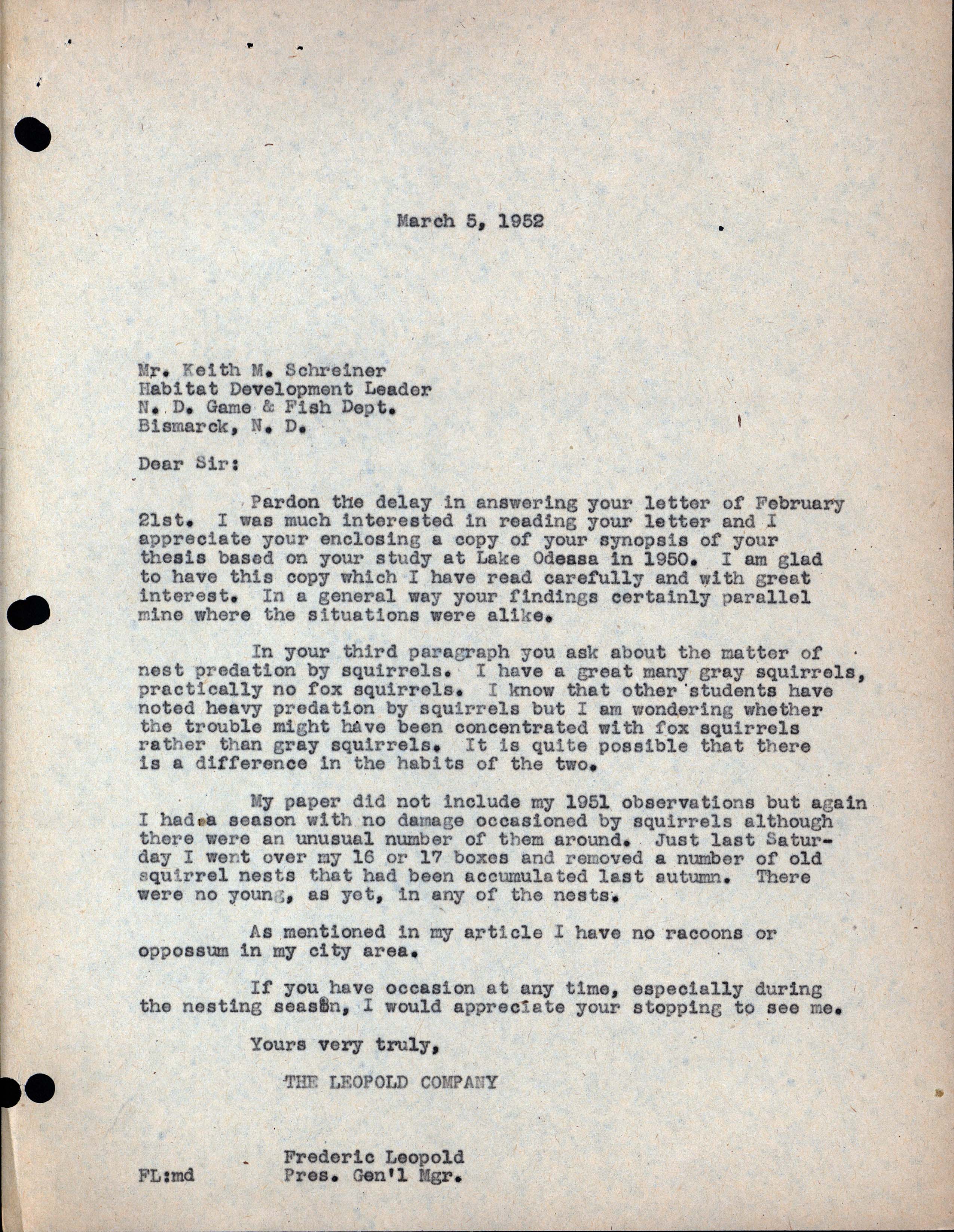Frederic Leopold letter to Keith M. Schreiner regarding Schreiner's thesis and Wood Duck nest predation, March 5, 1952