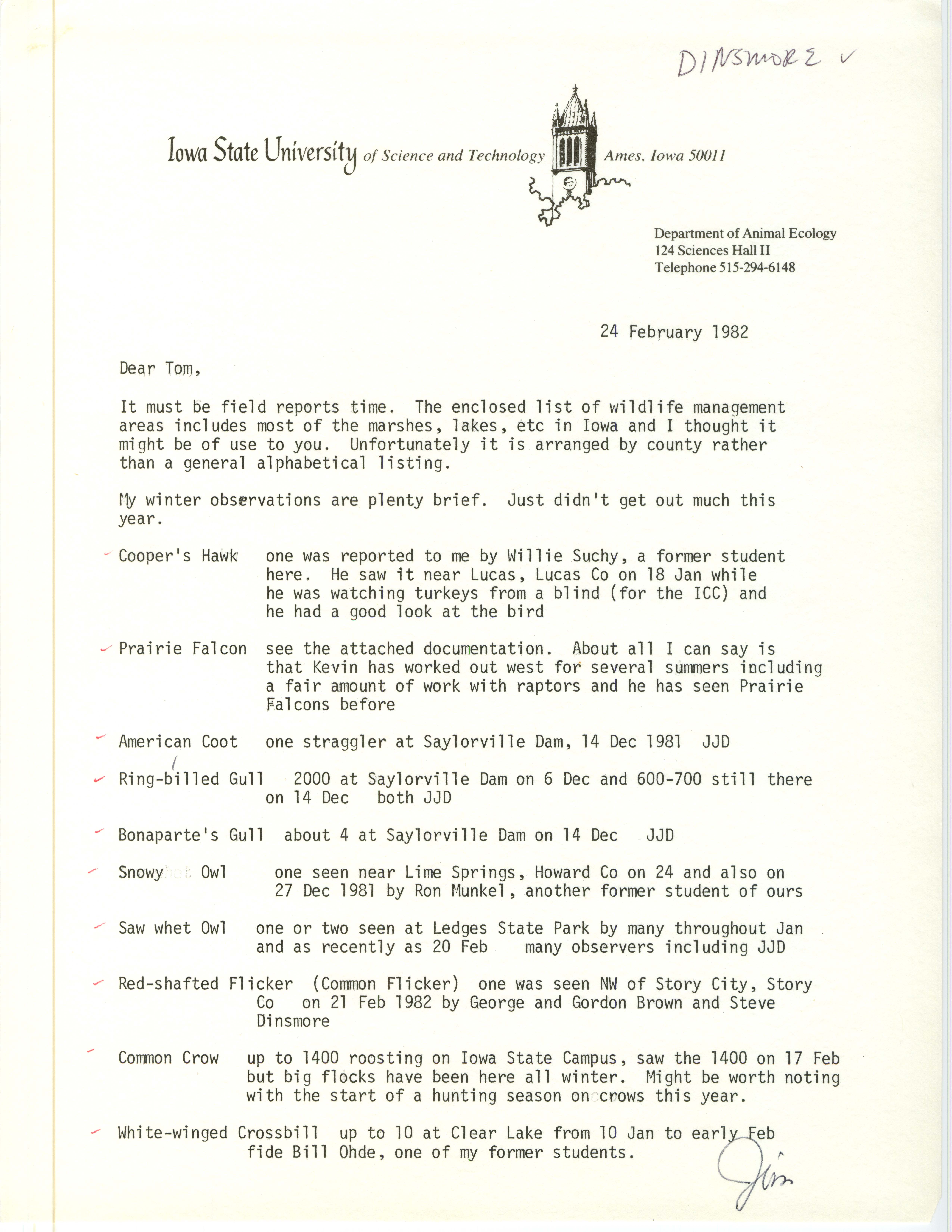 James J. Dinsmore letter to Thomas H. Kent regarding field notes, February 24, 1982