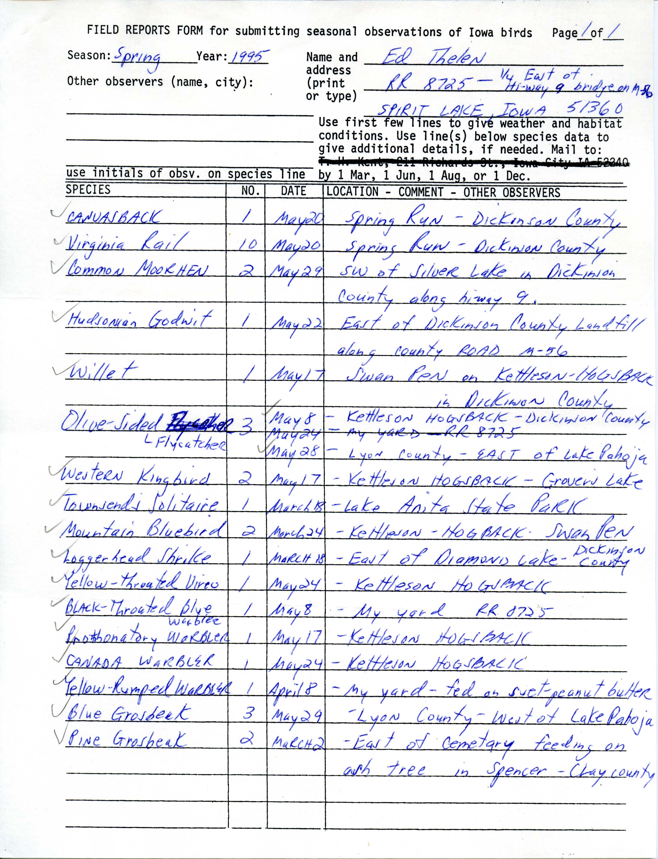 Field reports form for submitting seasonal observations of Iowa birds, spring 1995, Ed Thelen