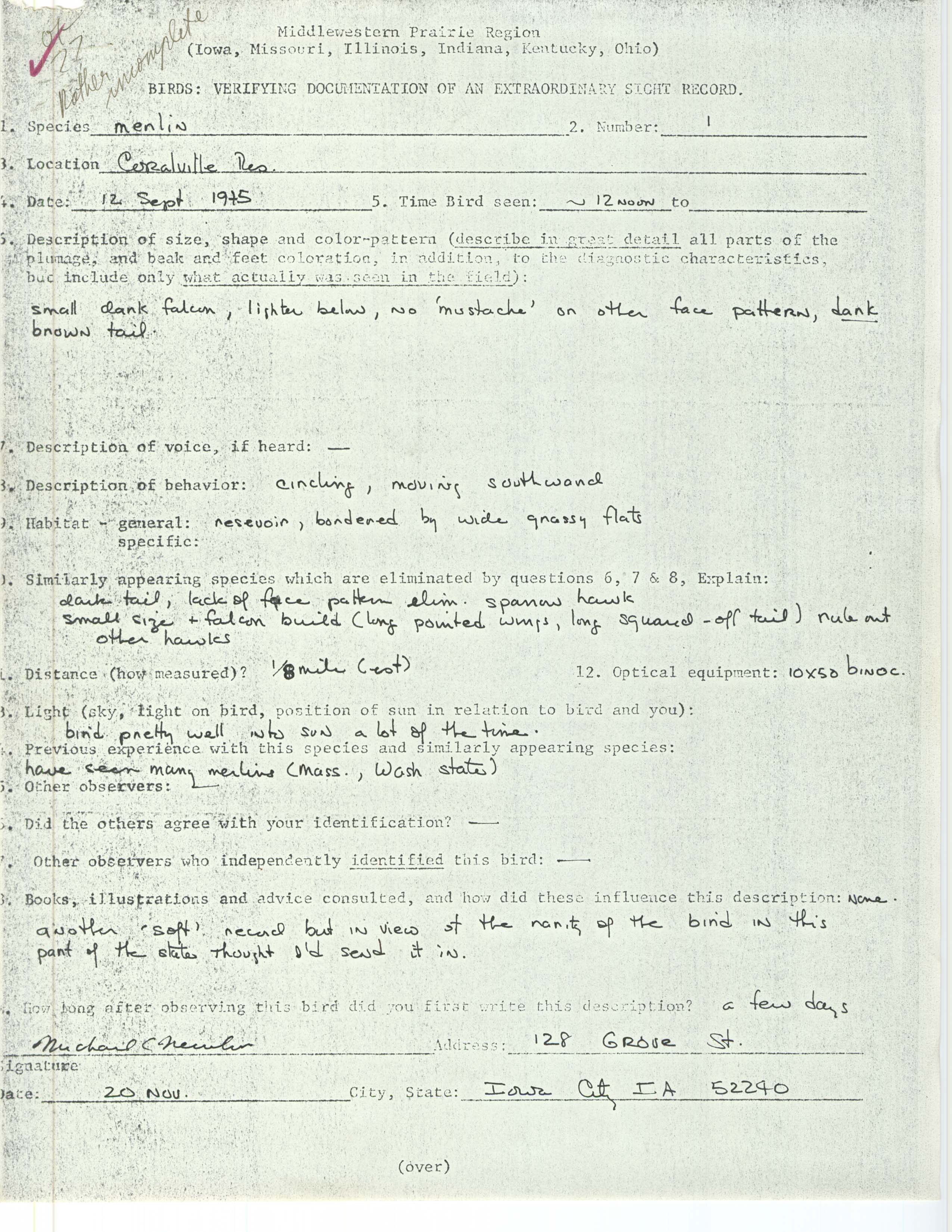 Rare bird documentation form for Merlin at Coralville Reservoir, 1975