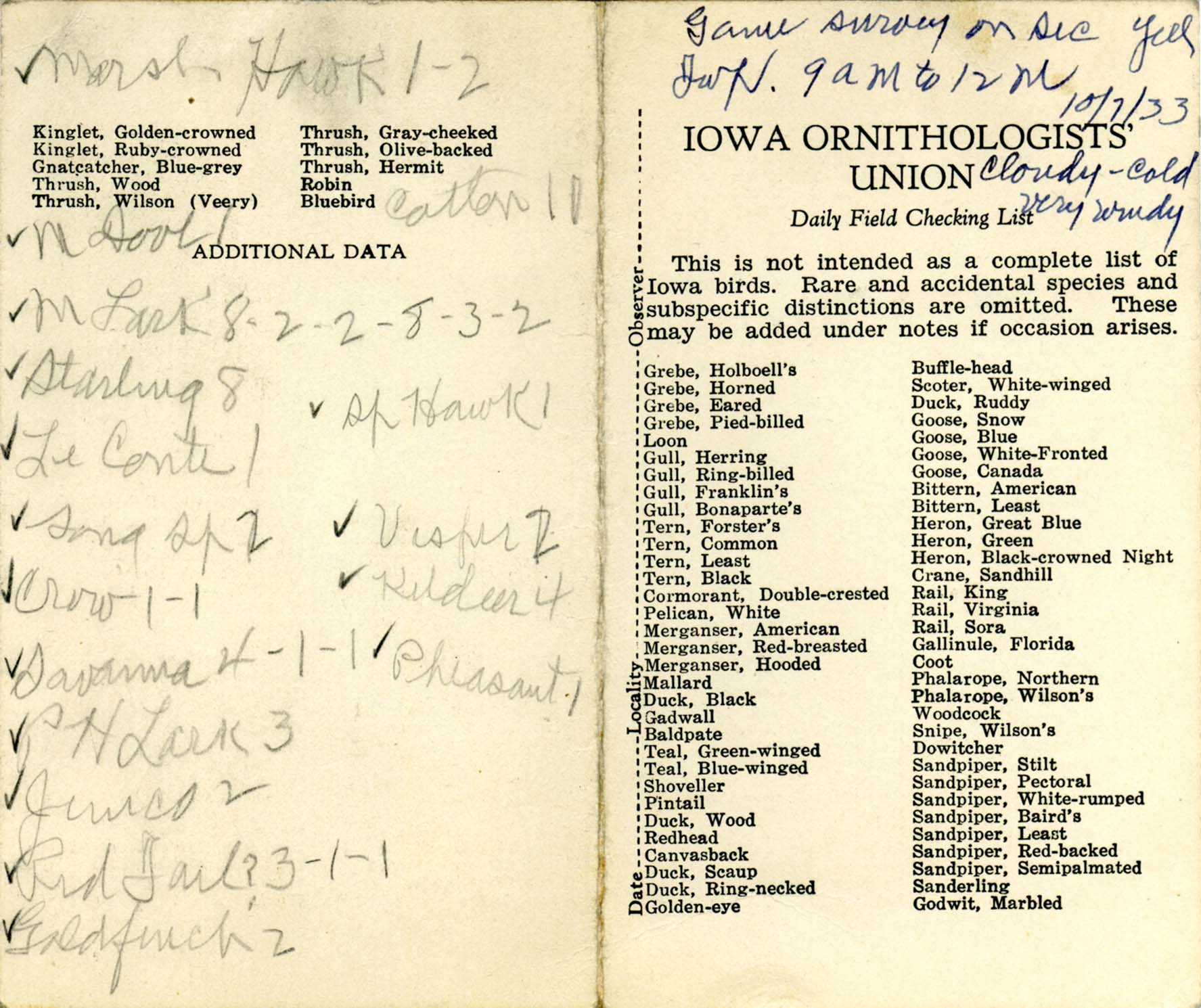 Daily field checking list, Walter Rosene, October 7, 1933