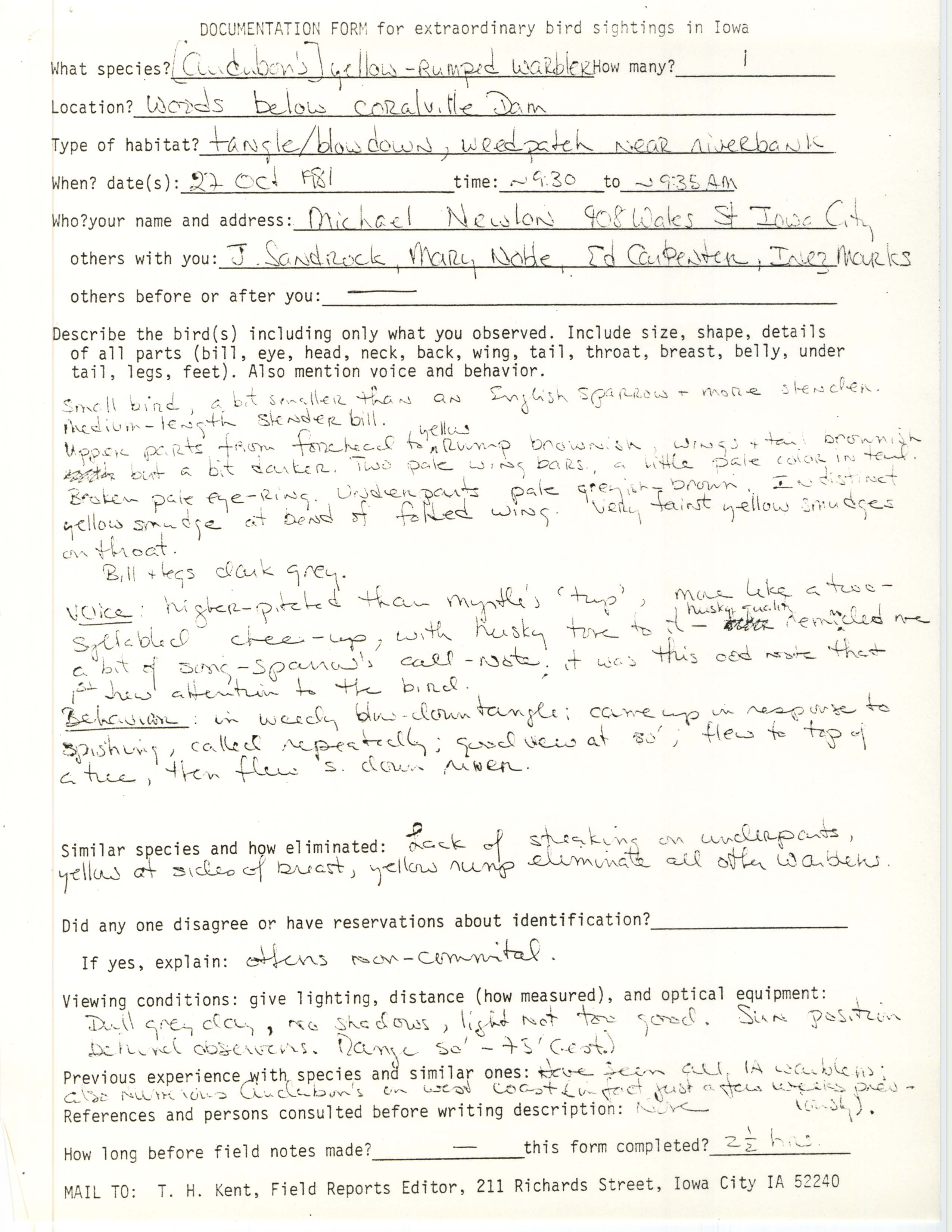 Rare bird documentation form for Yellow-rumped Warbler at Coralville Dam, 1981