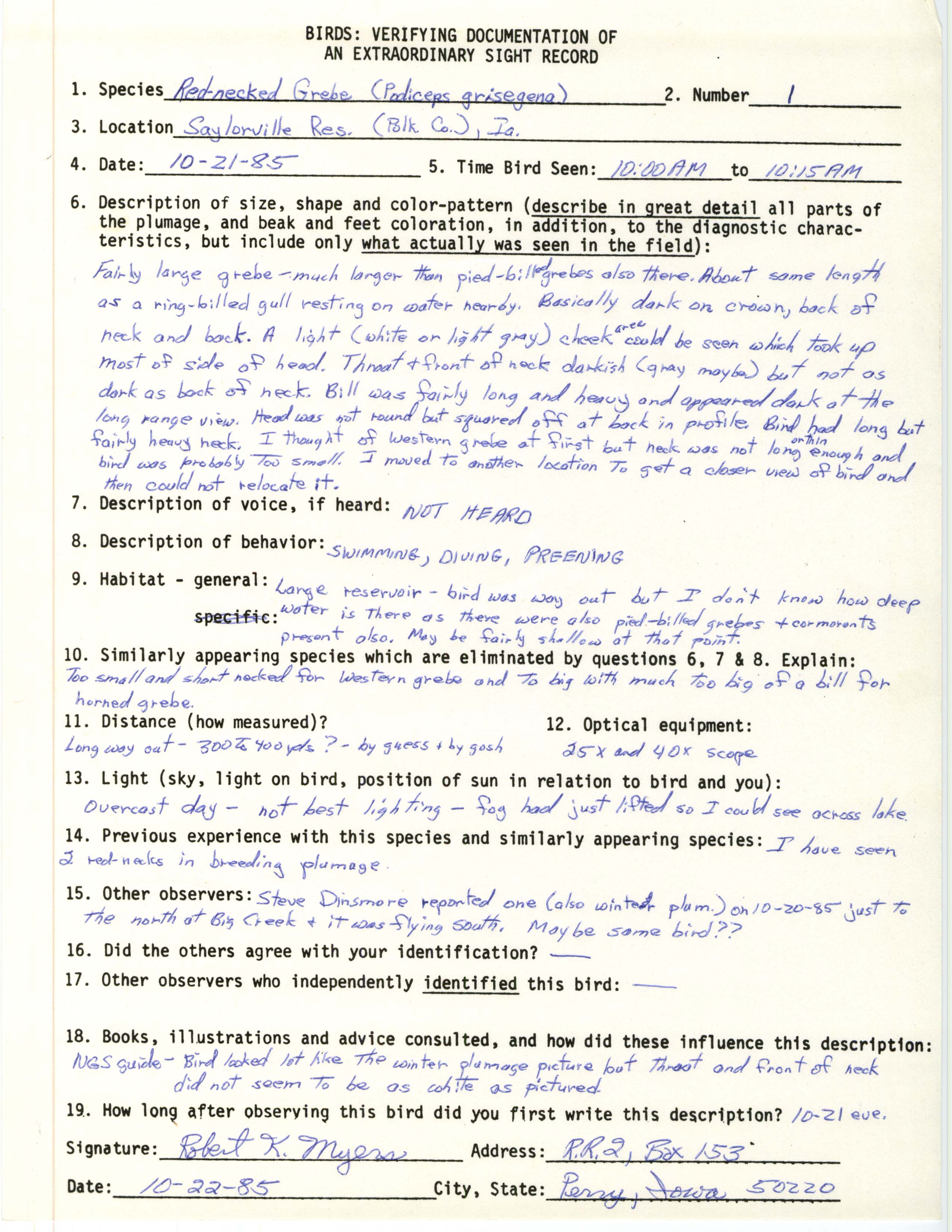 Rare bird documentation form for Red-necked Grebe at Saylorville Reservoir, 1985