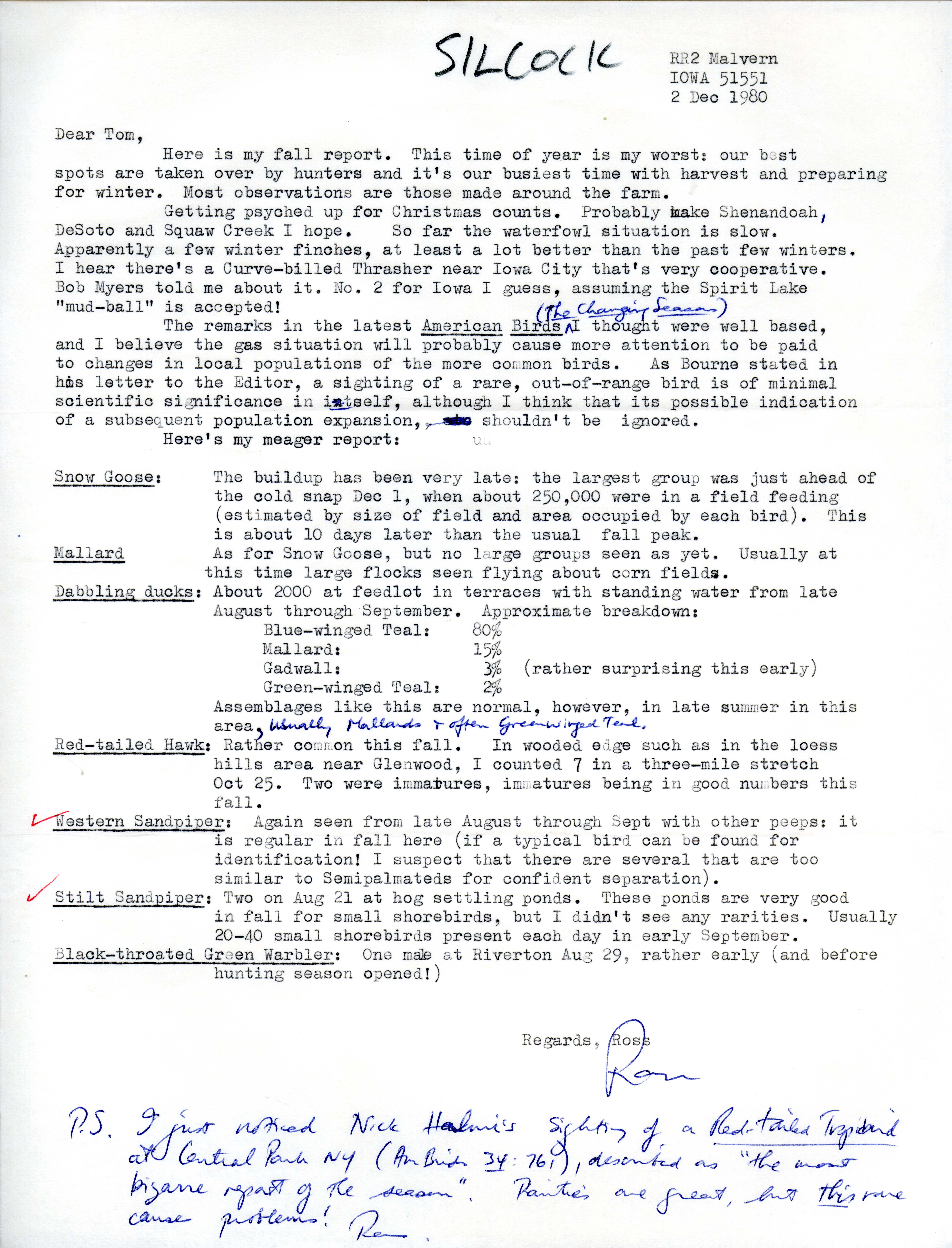 Ross Silcock letter to Thomas Kent regarding his fall report, December 2, 1980