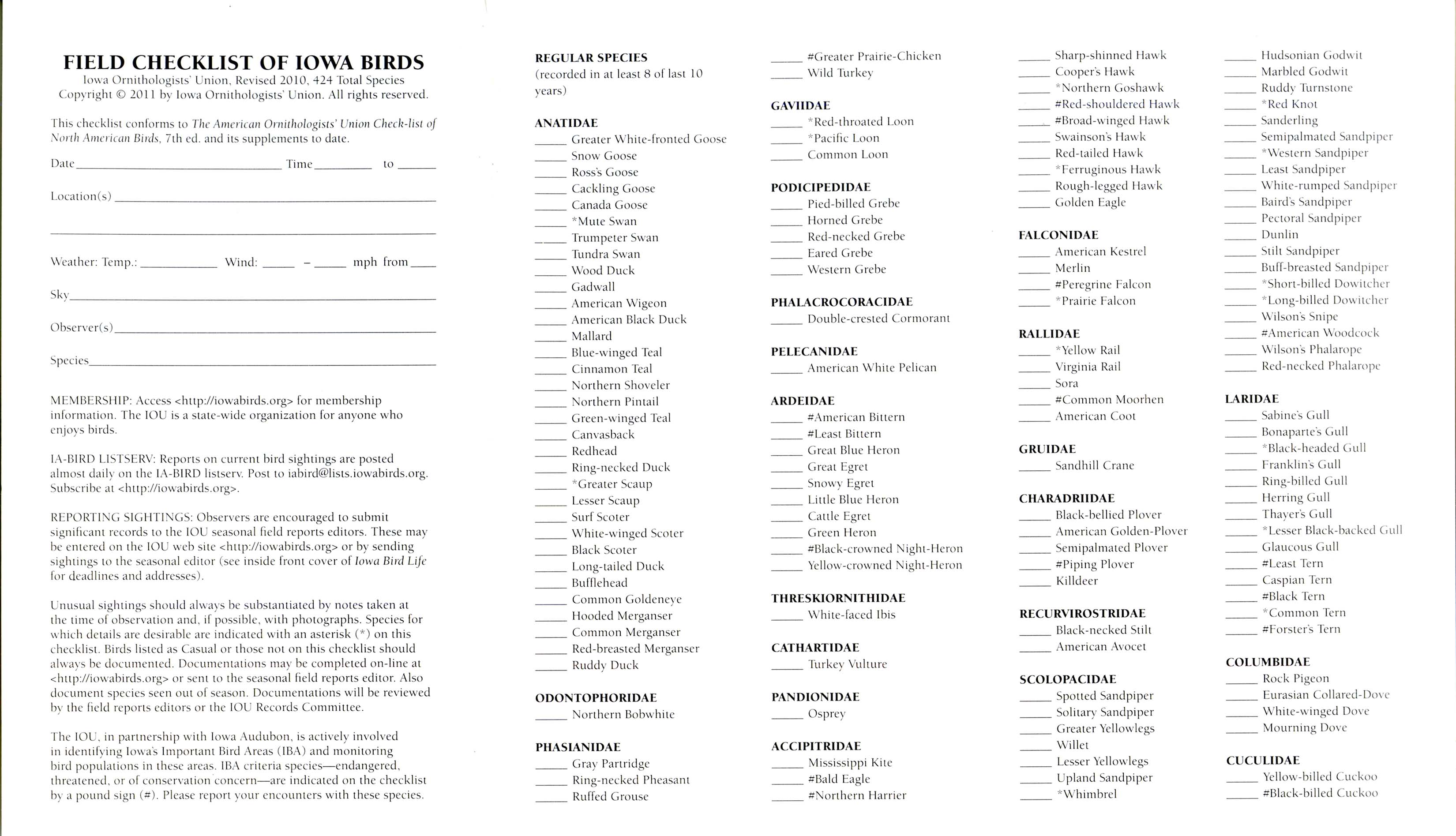 Field checklist of Iowa birds, revised 2010