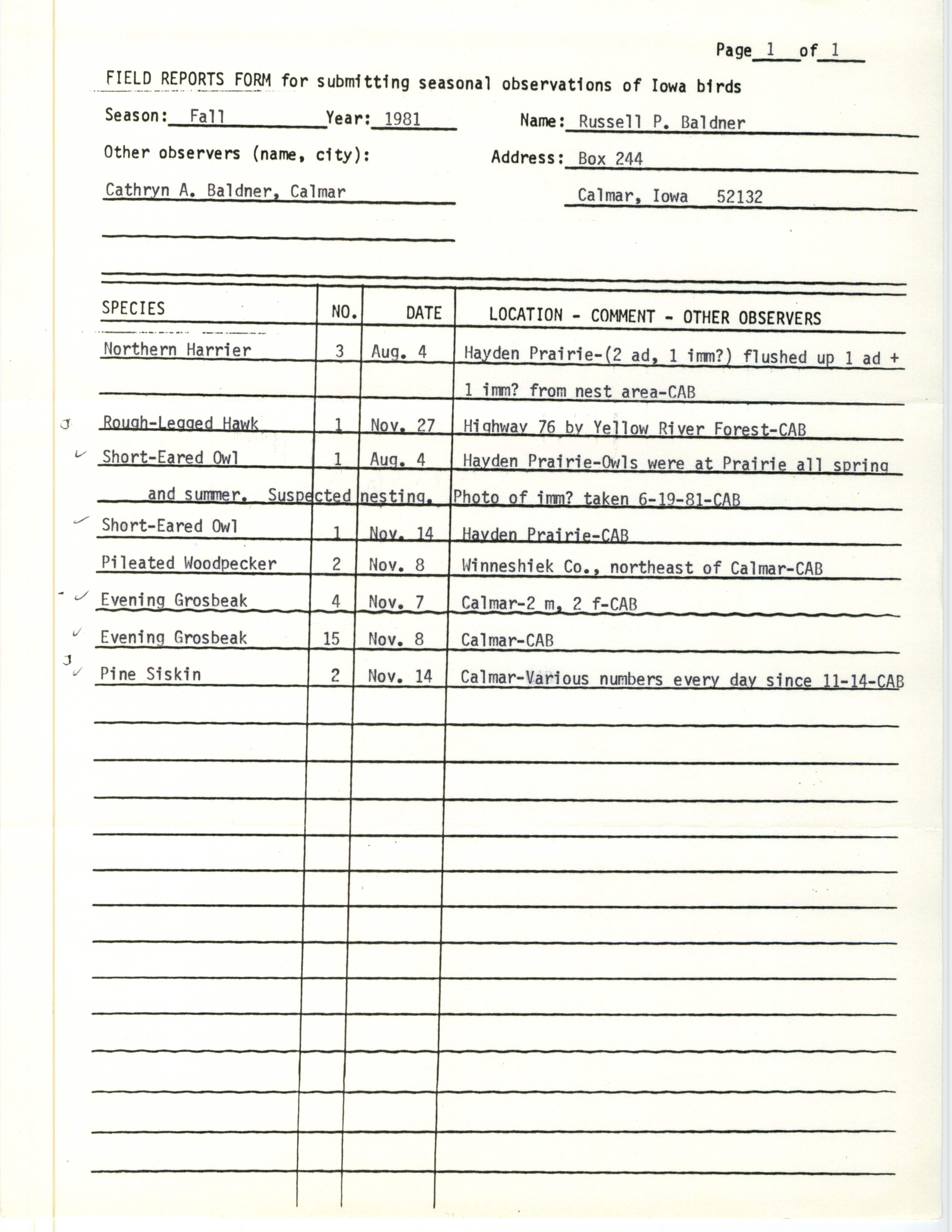 Field notes contributed by Russell P. Baldner, fall 1981