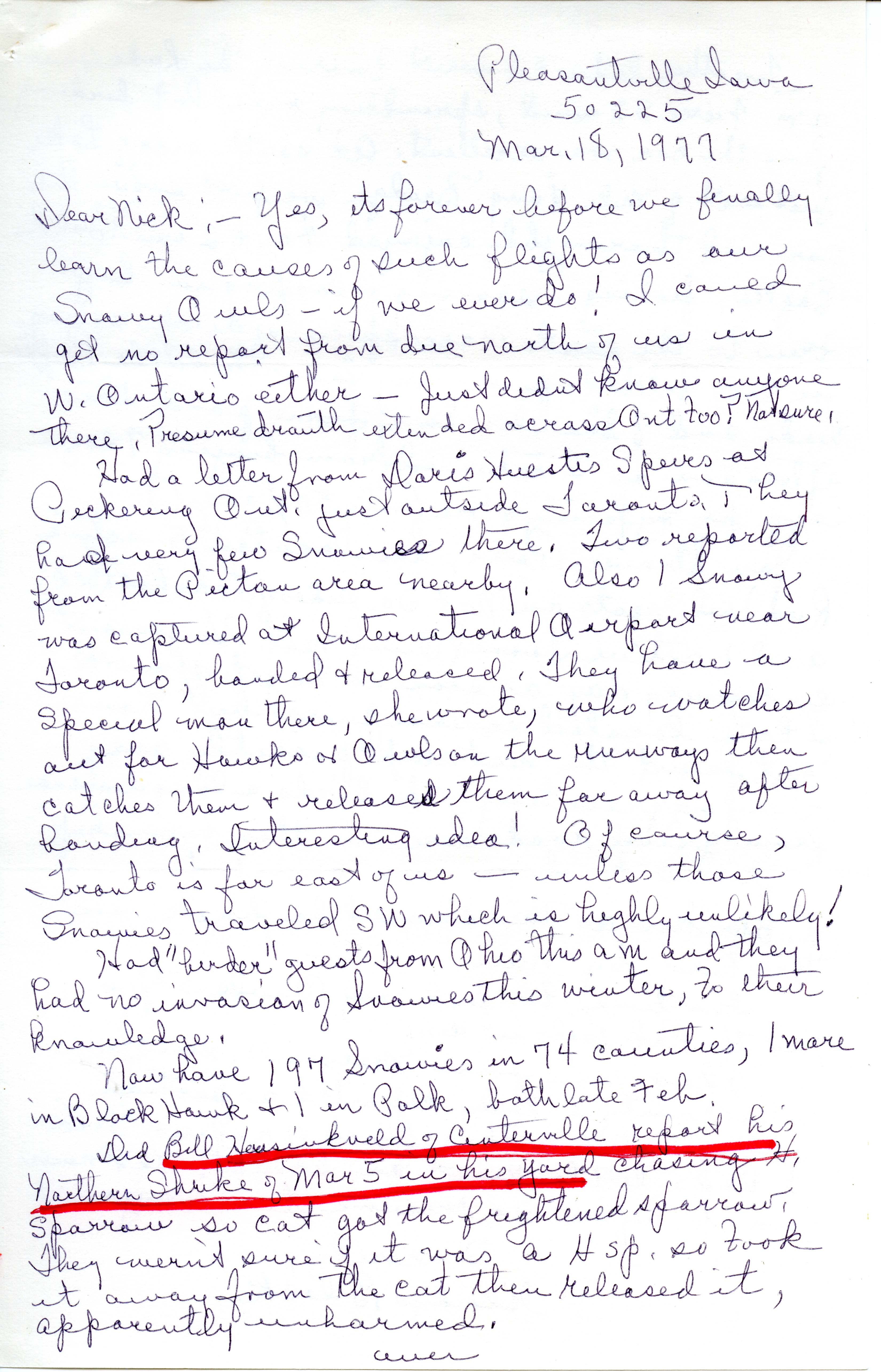Gladys Black letter to Nicholas S. Halmi regarding bird sighting reports, March 18, 1977