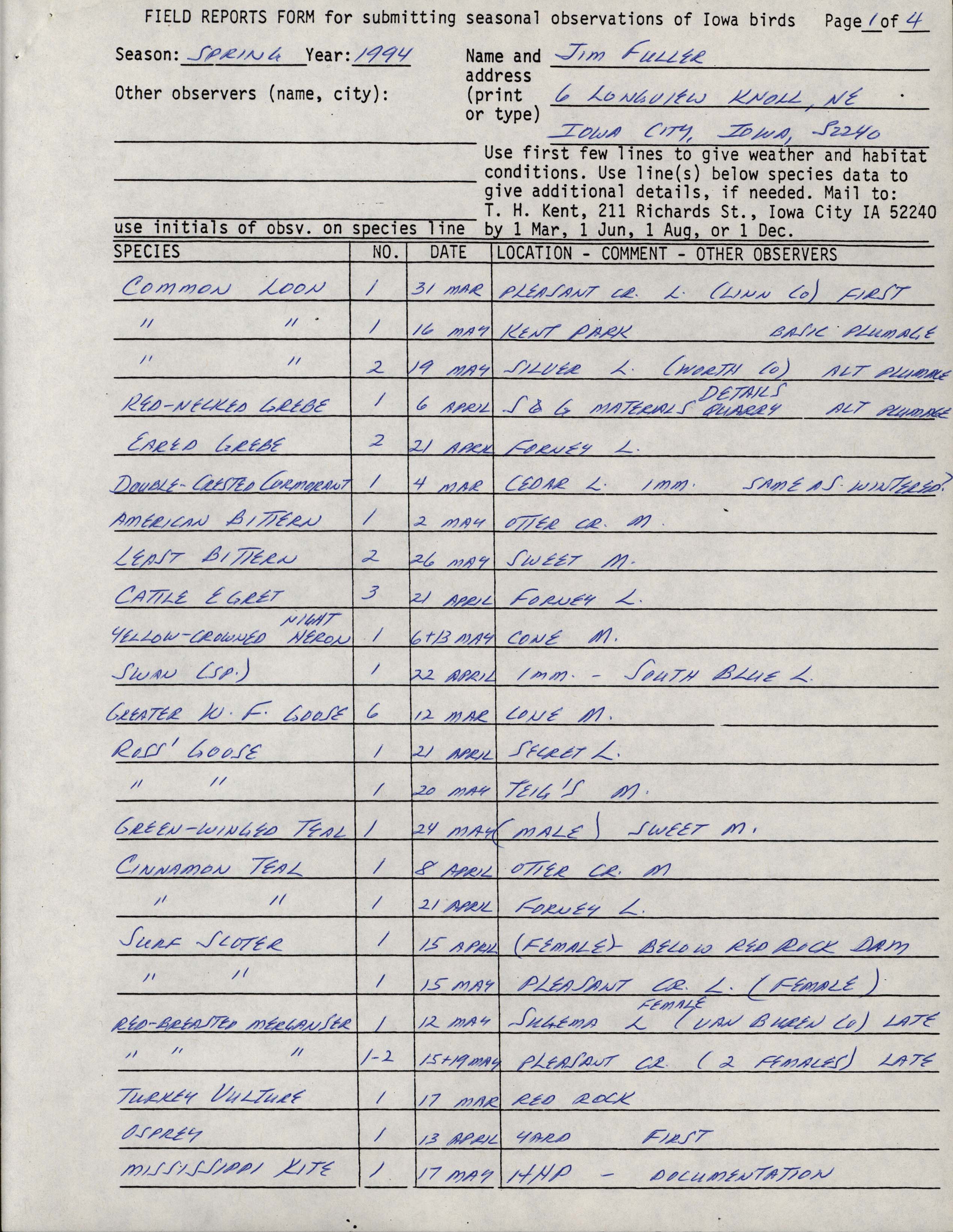 Field reports form for submitting seasonal observations of Iowa birds, Jim Fuller, Spring 1994