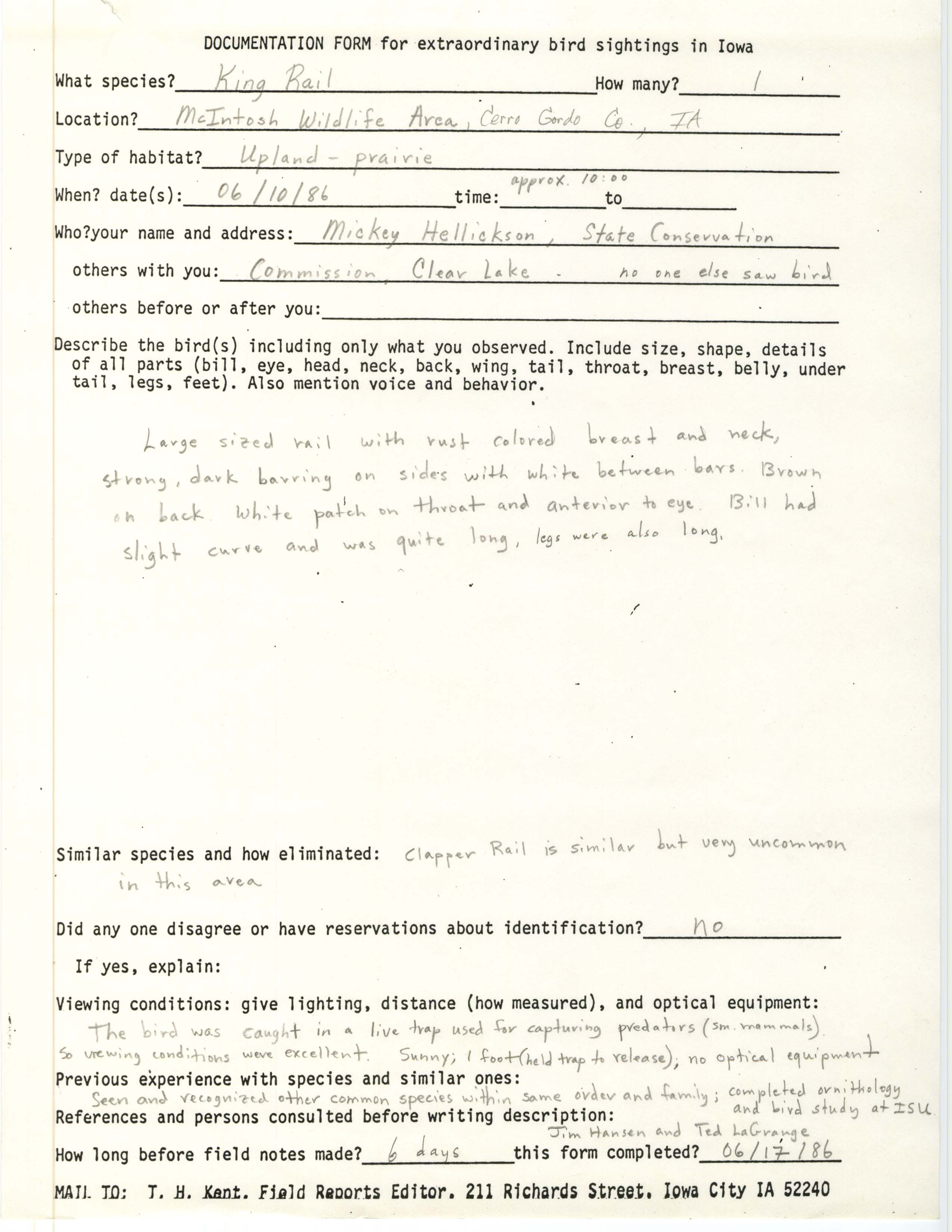 Rare bird documentation form for King Rail at McIntosh Wildlife Area, 1986