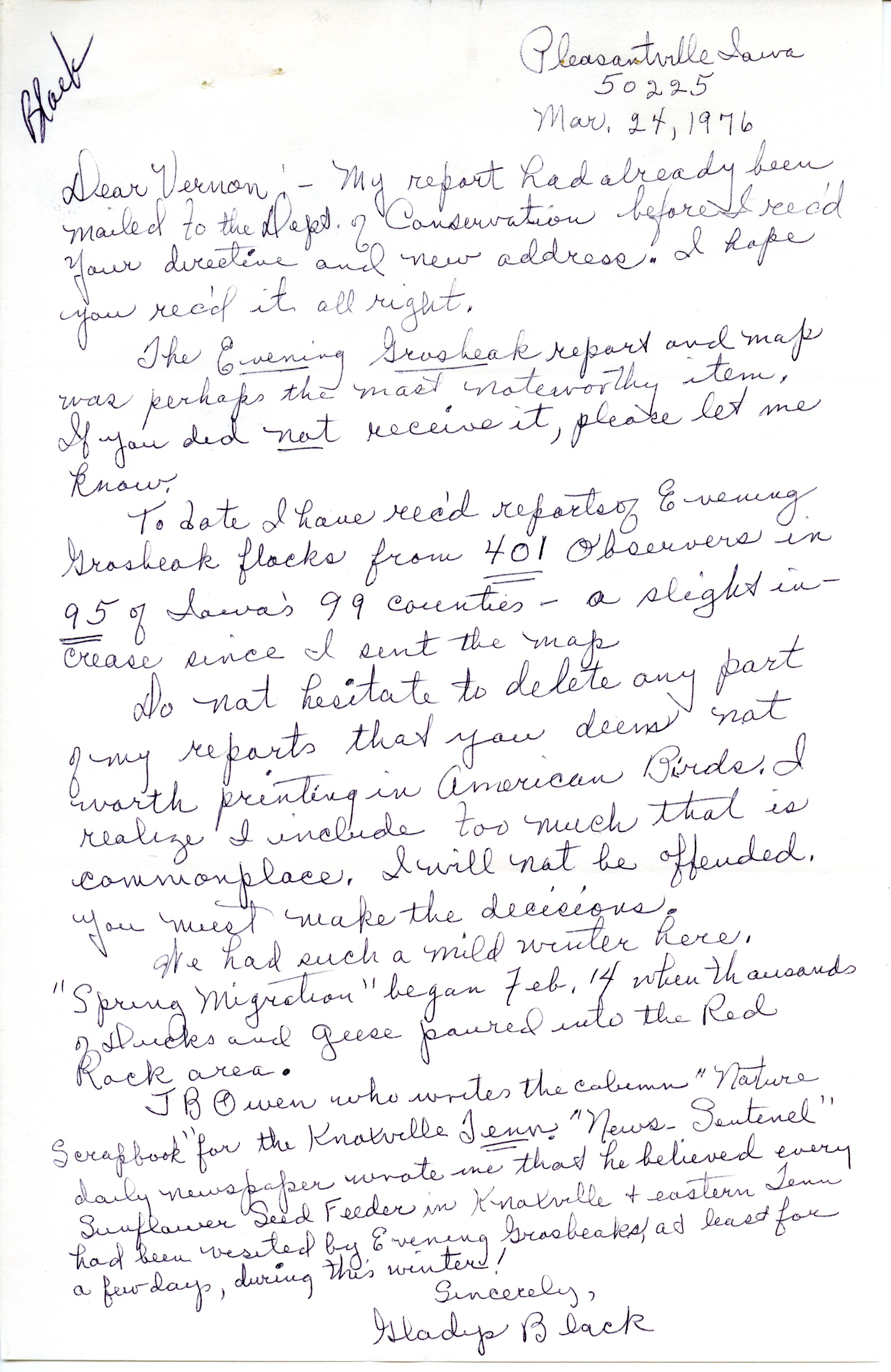 Gladys Black letter to Vernon Kleen regarding Evening Grosbeak invasion, March 24, 1976