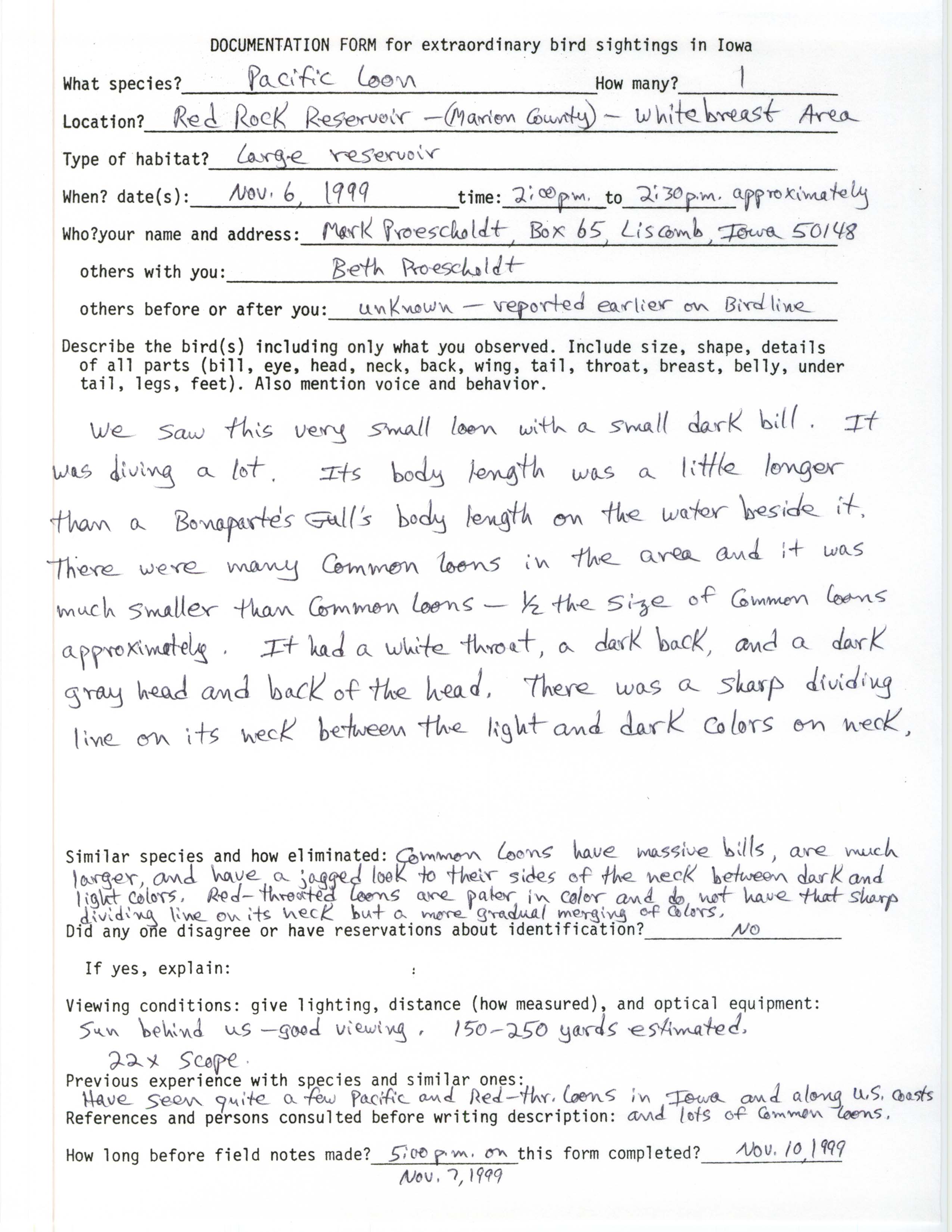 Rare bird documentation form for Pacific Loon at Red Rock Reservoir, 1999