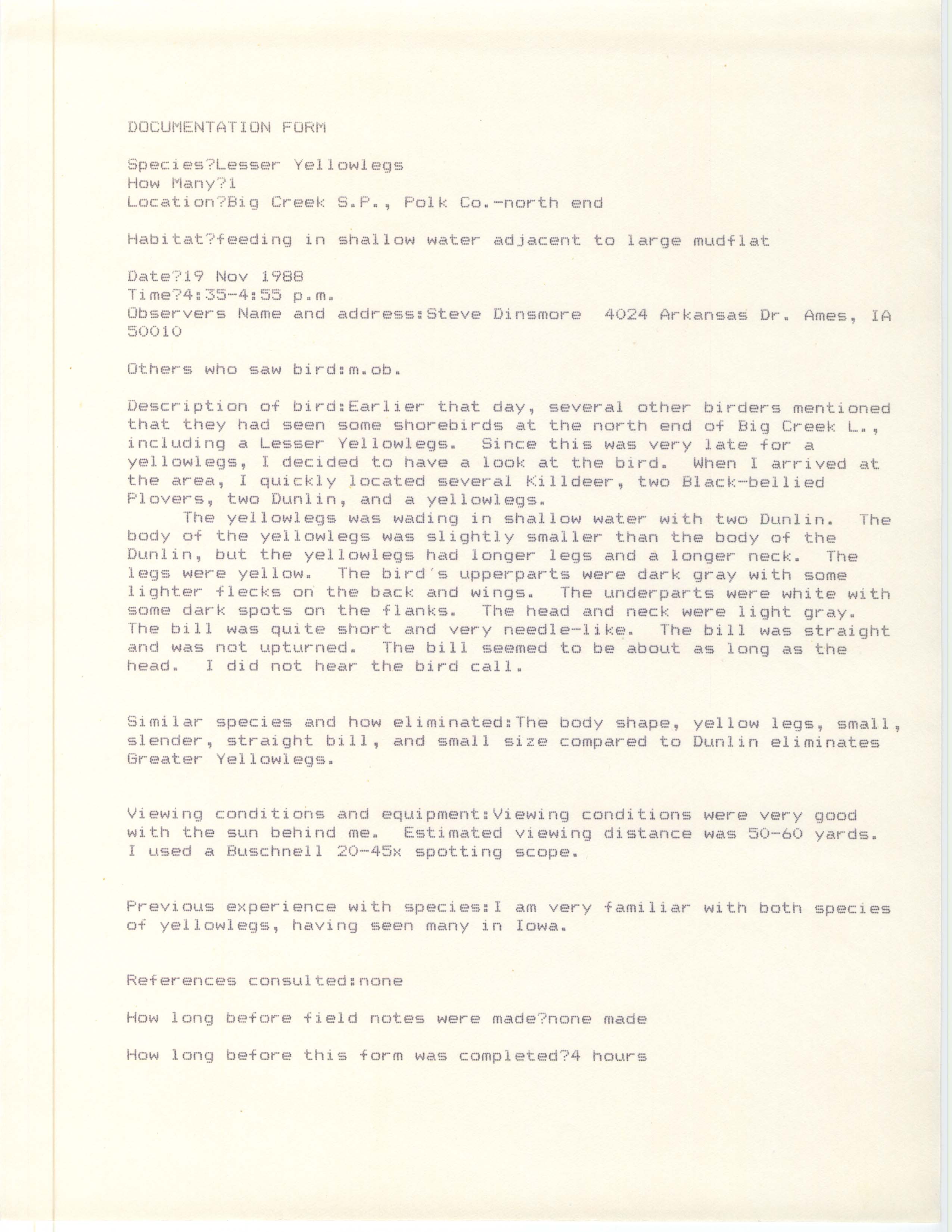 Rare bird documentation form for Lesser Yellowlegs at Big Creek State Park, 1988