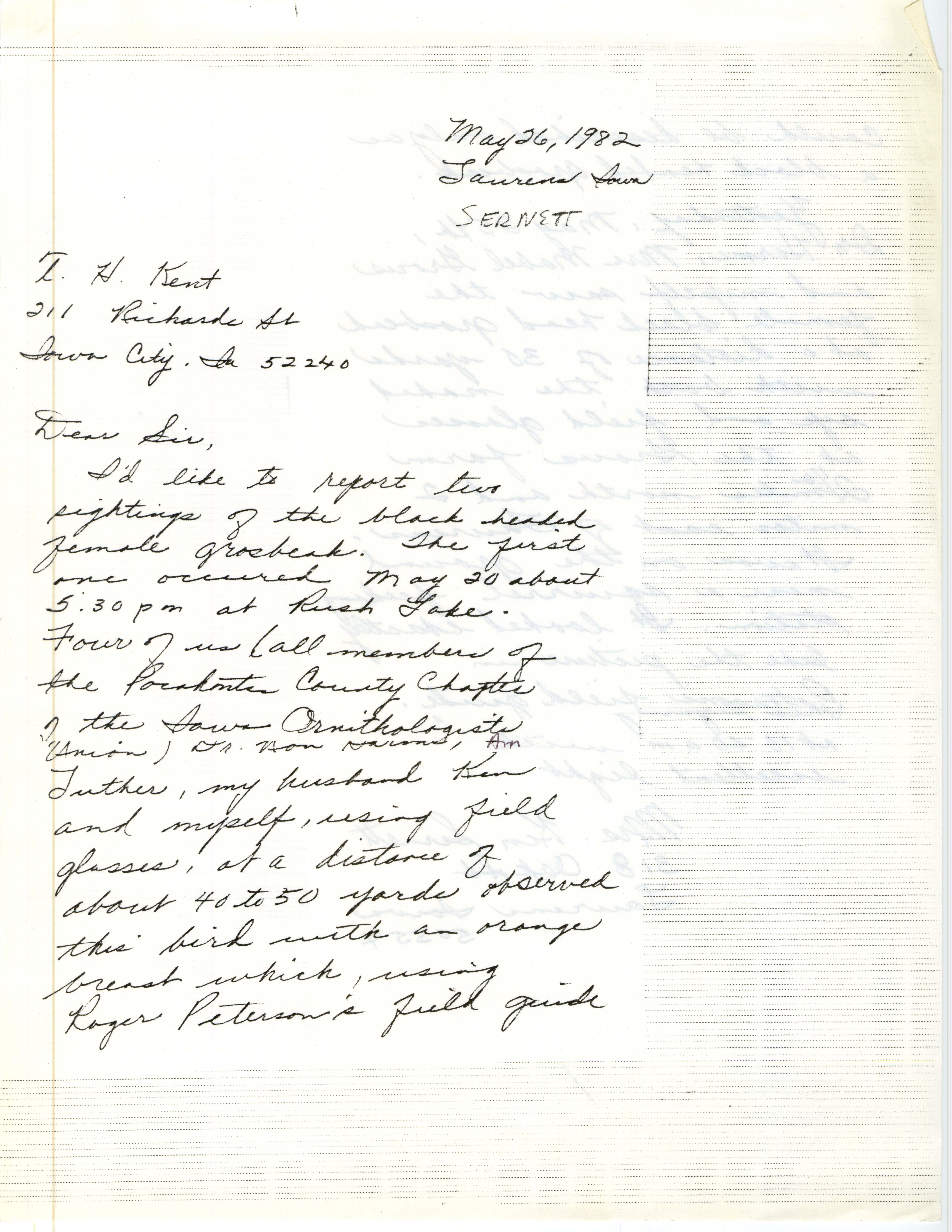 Ann Mccartan Sernett letter to Thomas H. Kent regarding field notes, May 26, 1982