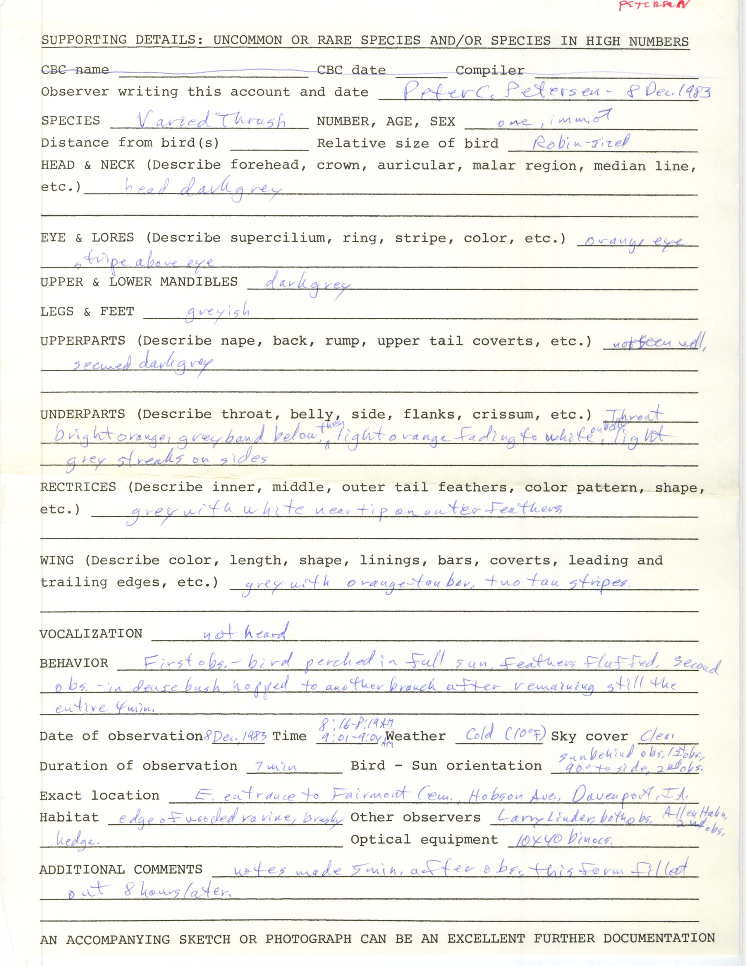 Rare bird documentation form for Varied Thrush at Fairmont Cemetery in Davenport, 1983