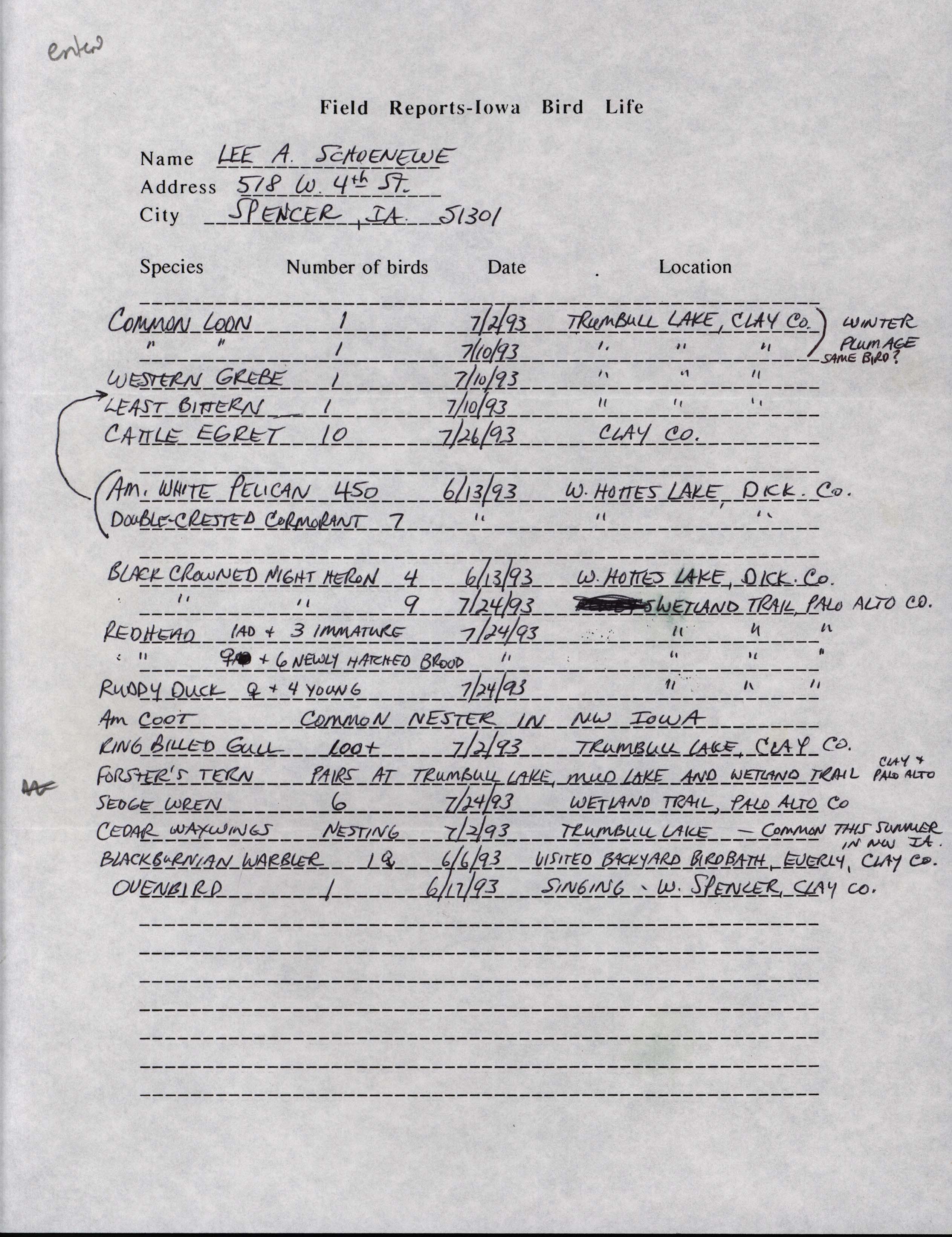 Field notes contributed by Lee A. Schoenewe, summer 1993