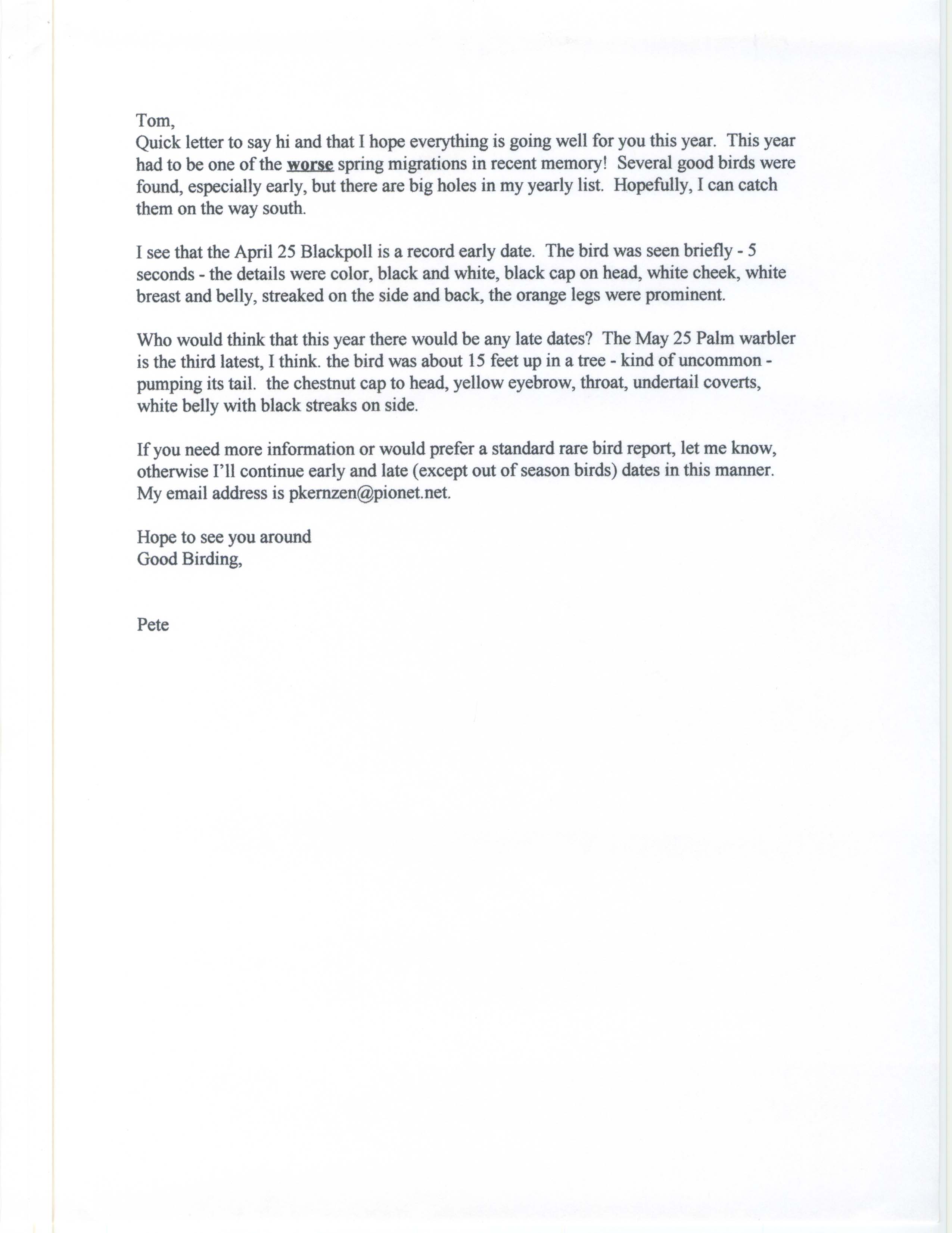 Peter Ernzen letter to Thomas Kent regarding spring migration, spring 1998