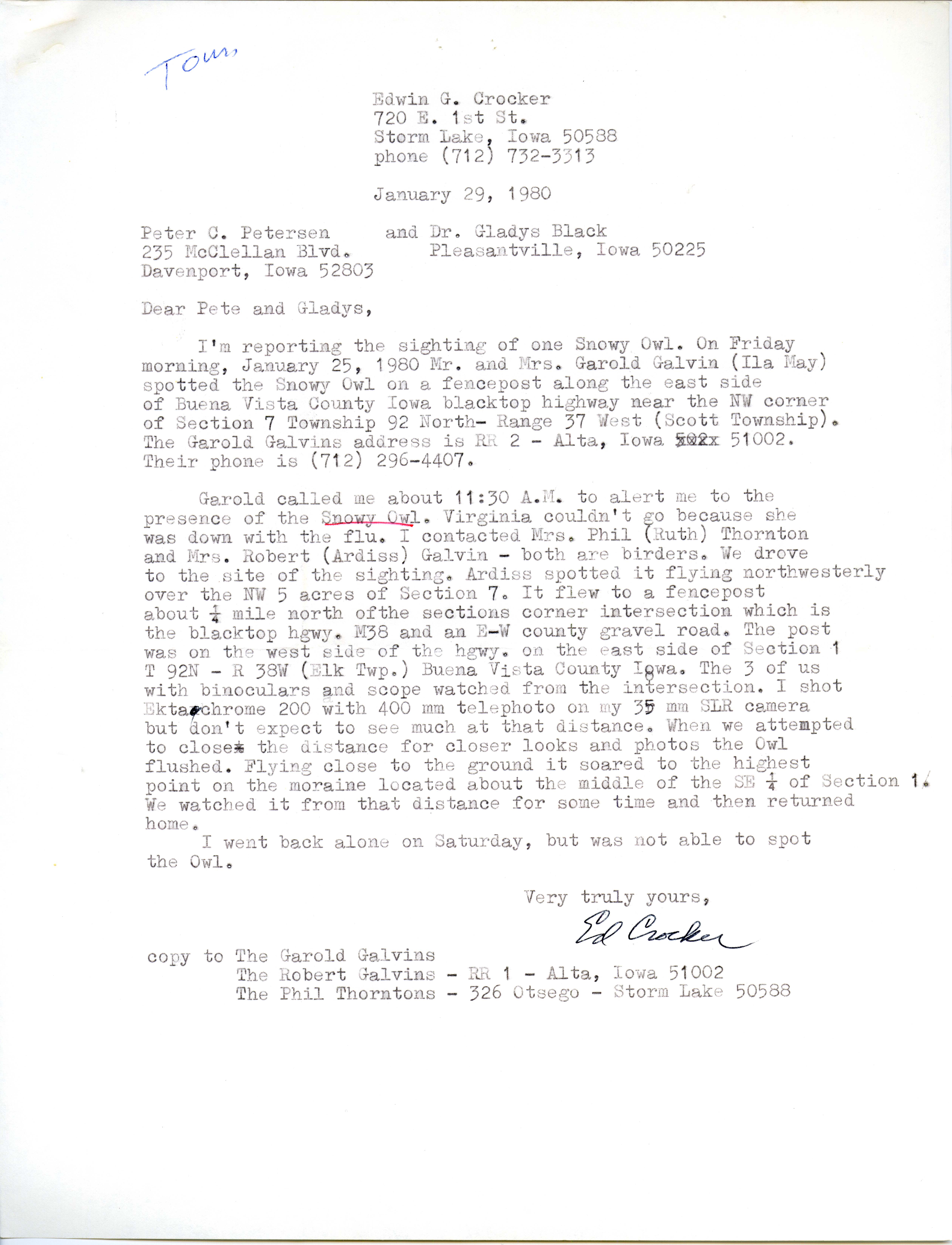 Edwin G. Crocker letter to Peter C. Petersen and Gladys Black regarding sighting of a Snowy Owl, January 29, 1980