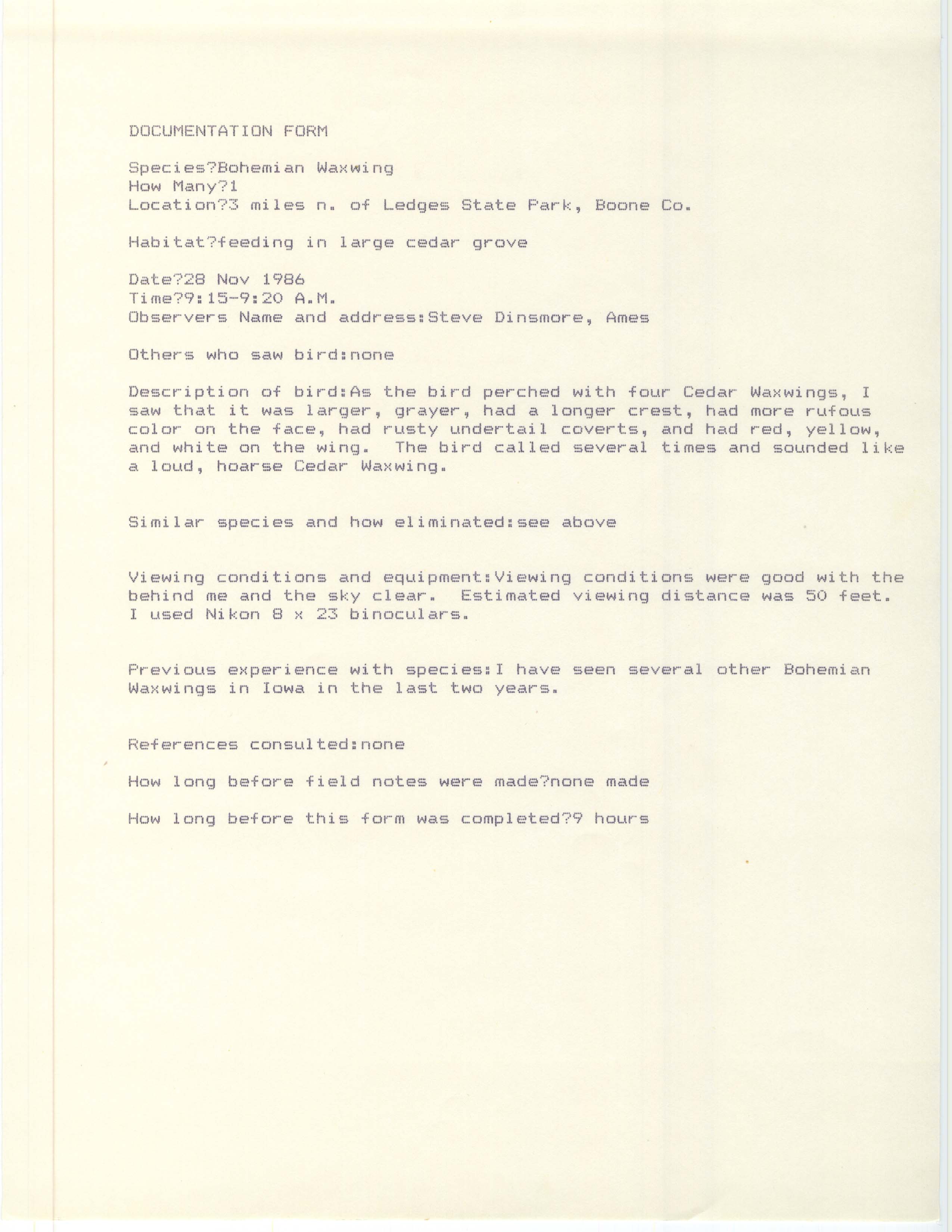 Rare bird documentation form for Bohemian Waxwing north of Ledges State Park, 1986