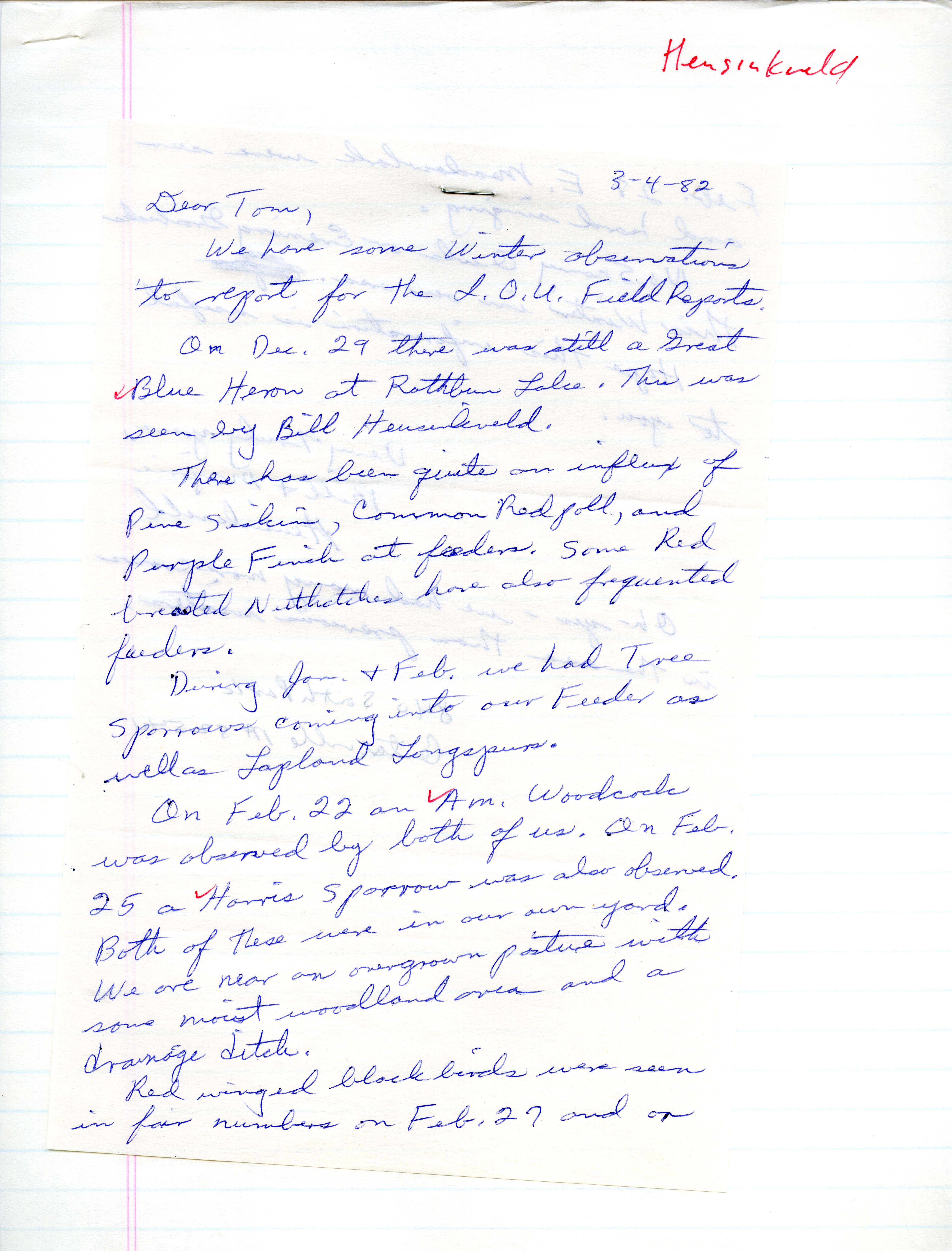 Bill and Marjorie Heusinkveld letter to Thomas H. Kent regarding field notes and accompanying documentation, March 4, 1982