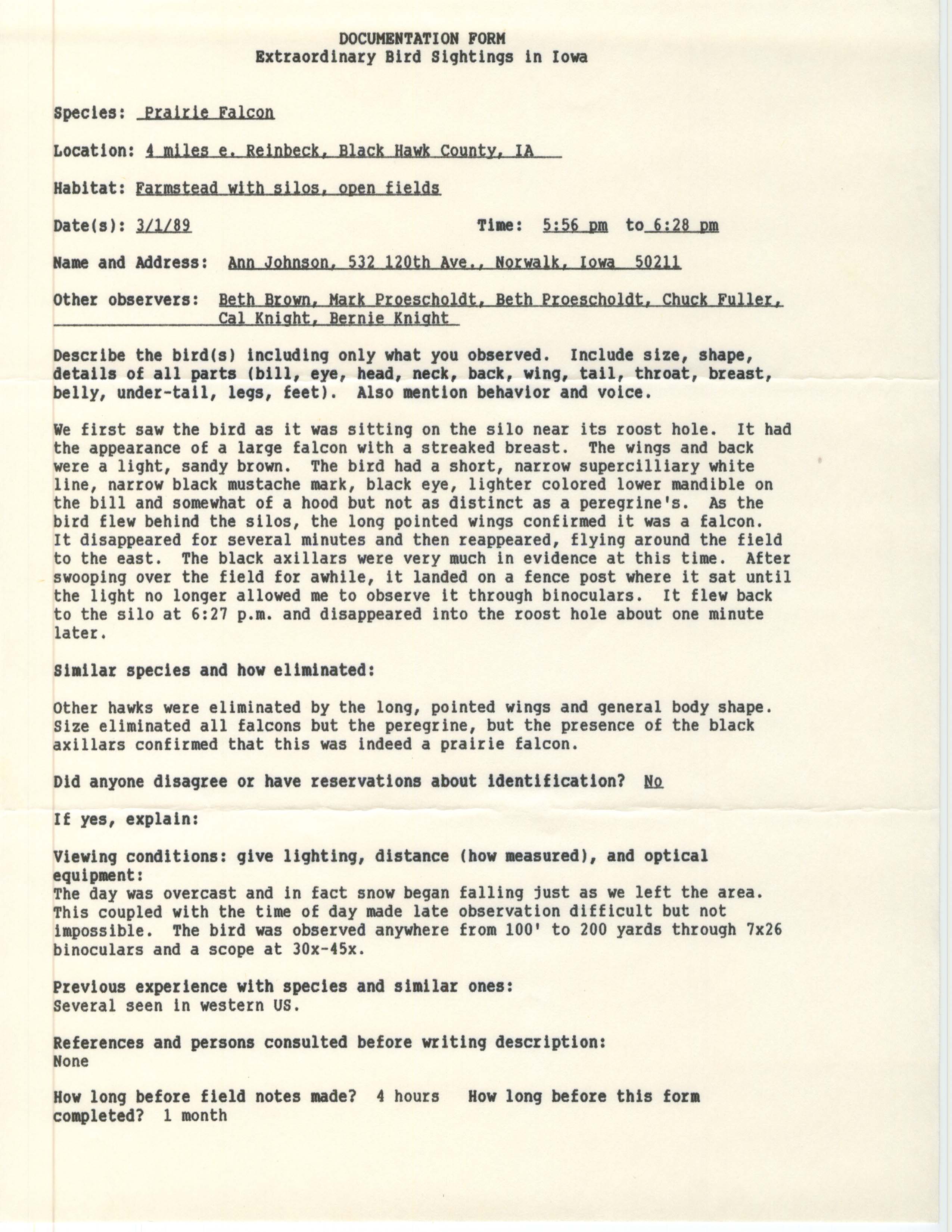 Rare bird documentation form for Prairie Falcon east of Reinbeck, 1989