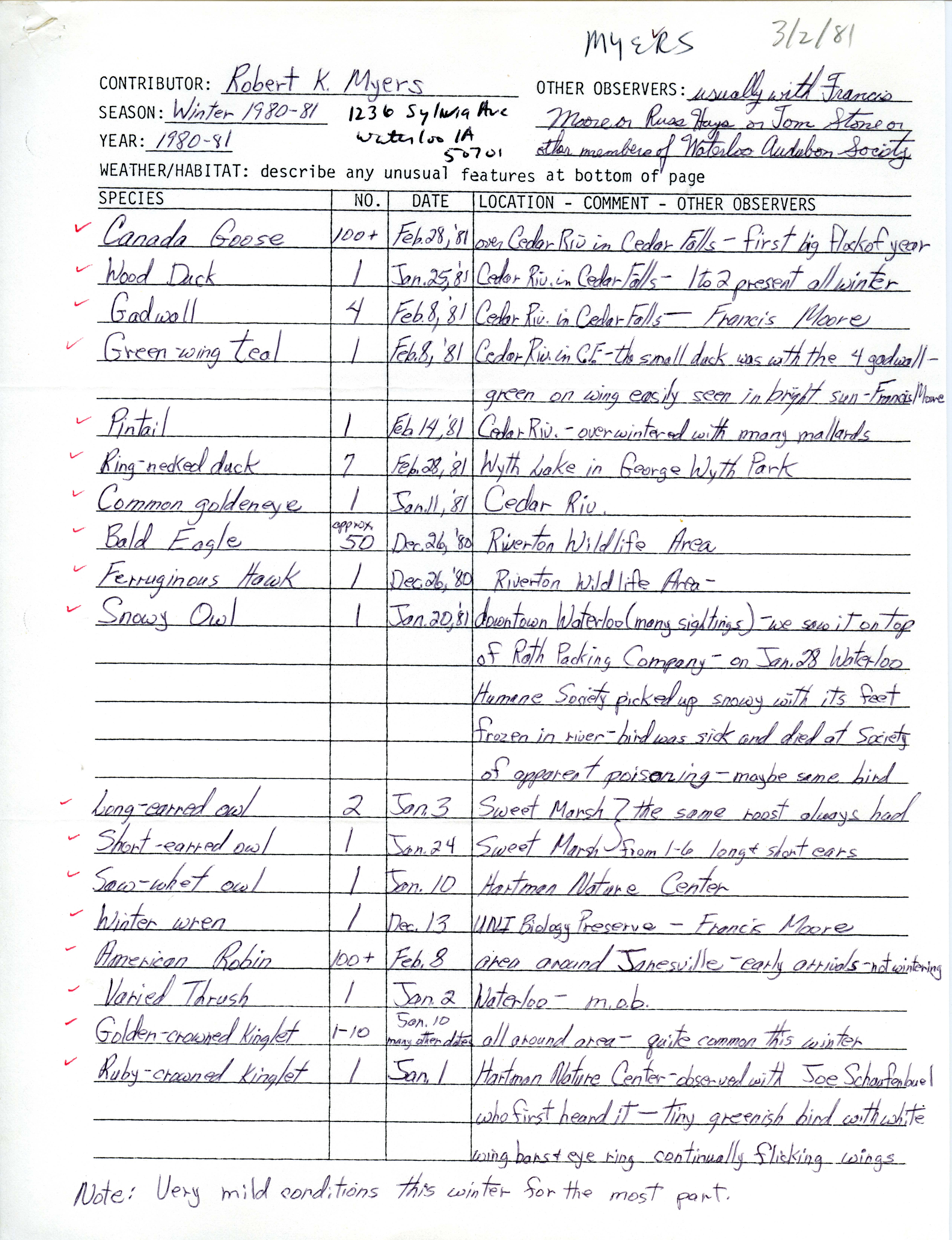 Annotated bird sighting list for winter 1980-1981 compiled by Robert K. Myers