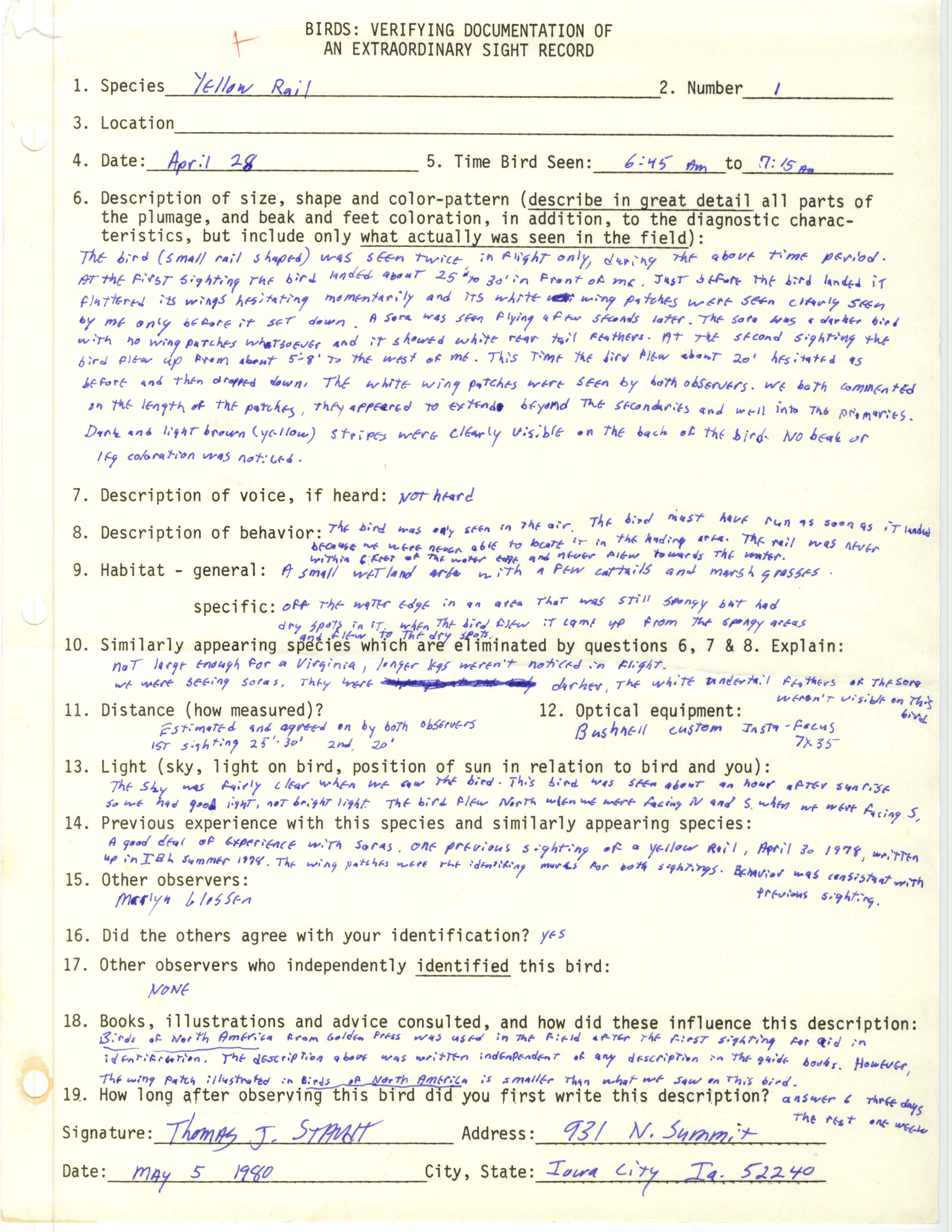 Rare bird documentation form for Yellow Rail at Swan Lake in 1980