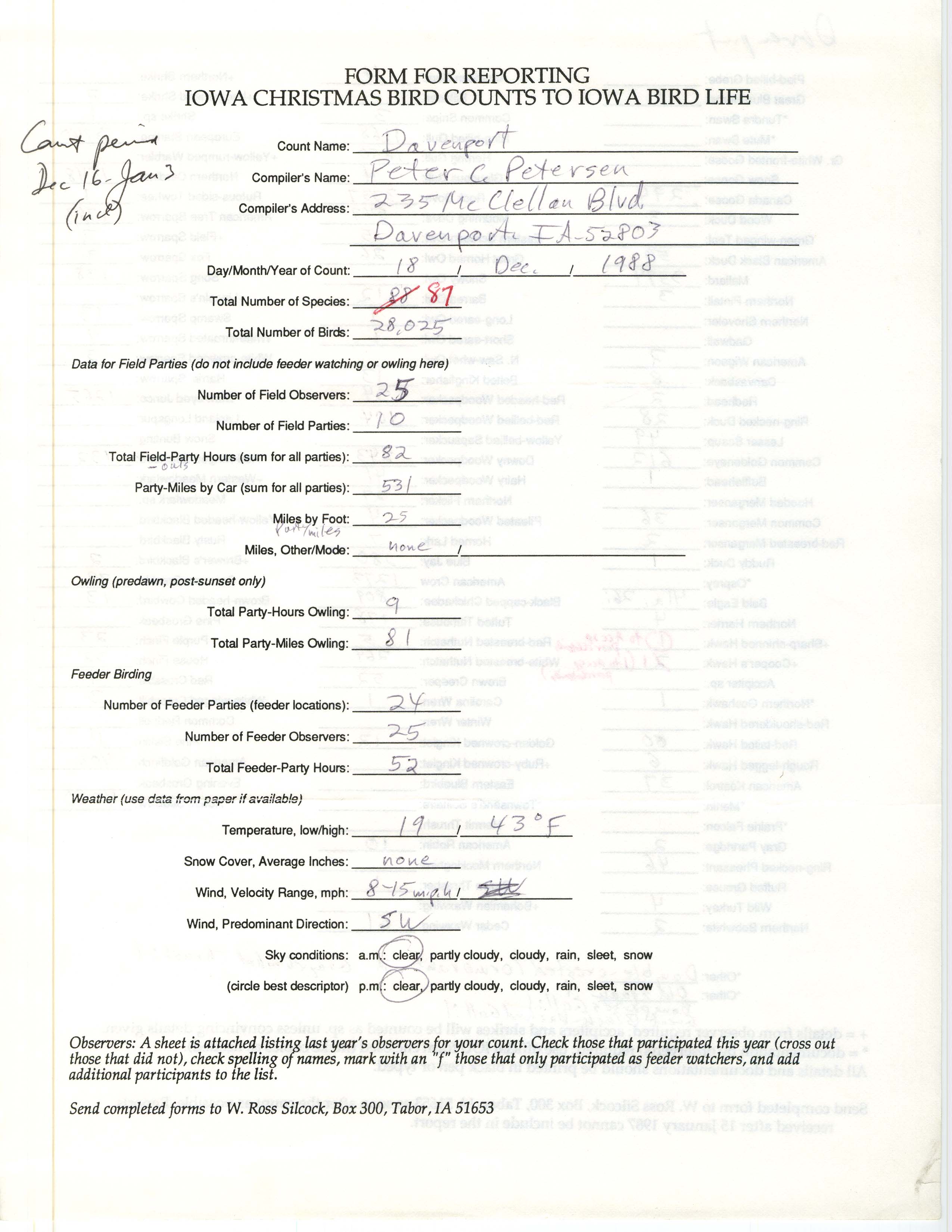 Form for reporting Iowa Christmas bird counts to Iowa Bird Life, Peter C. Petersen, December 18, 1988