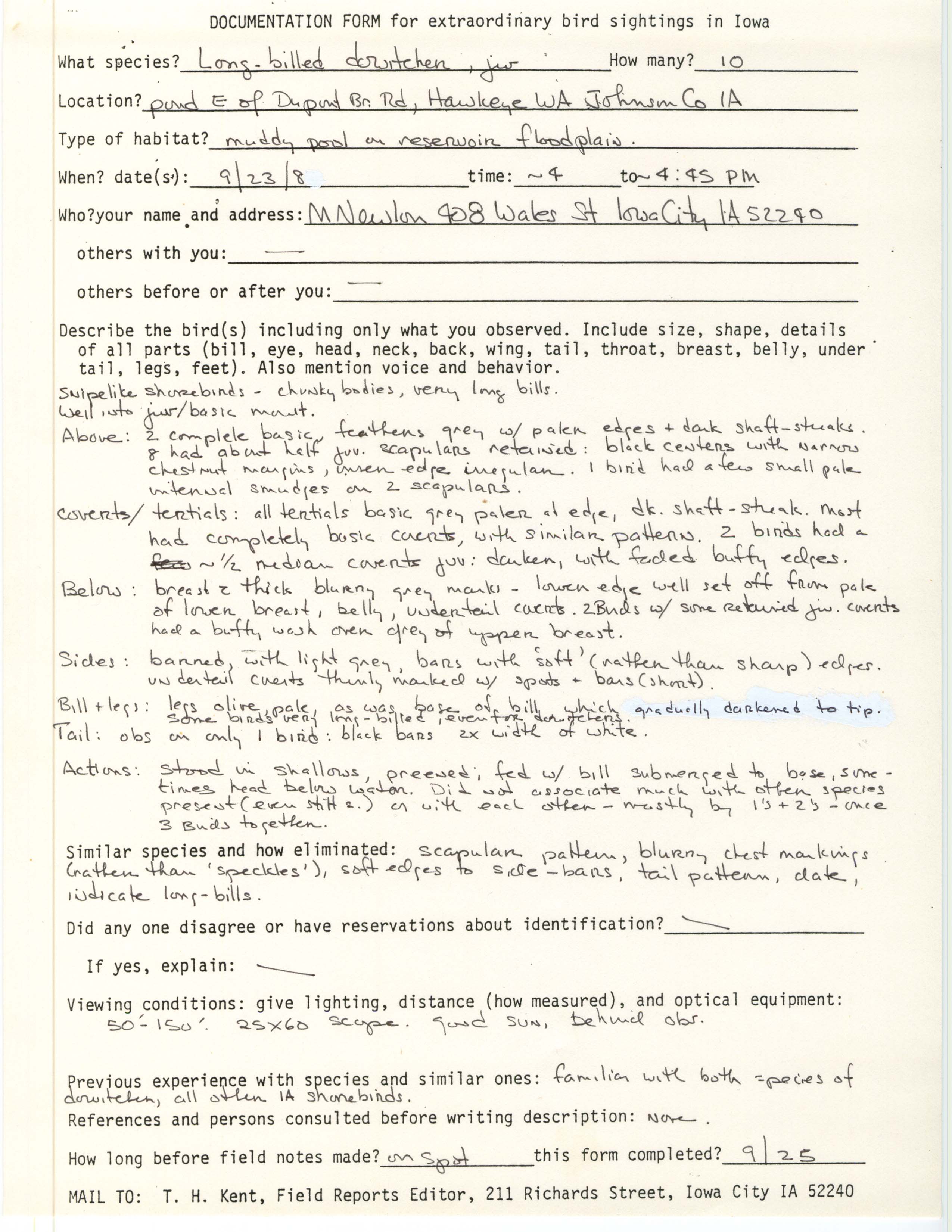 Rare bird documentation form for Long-billed Dowitcher at Hawkeye Wildlife Area, 1984
