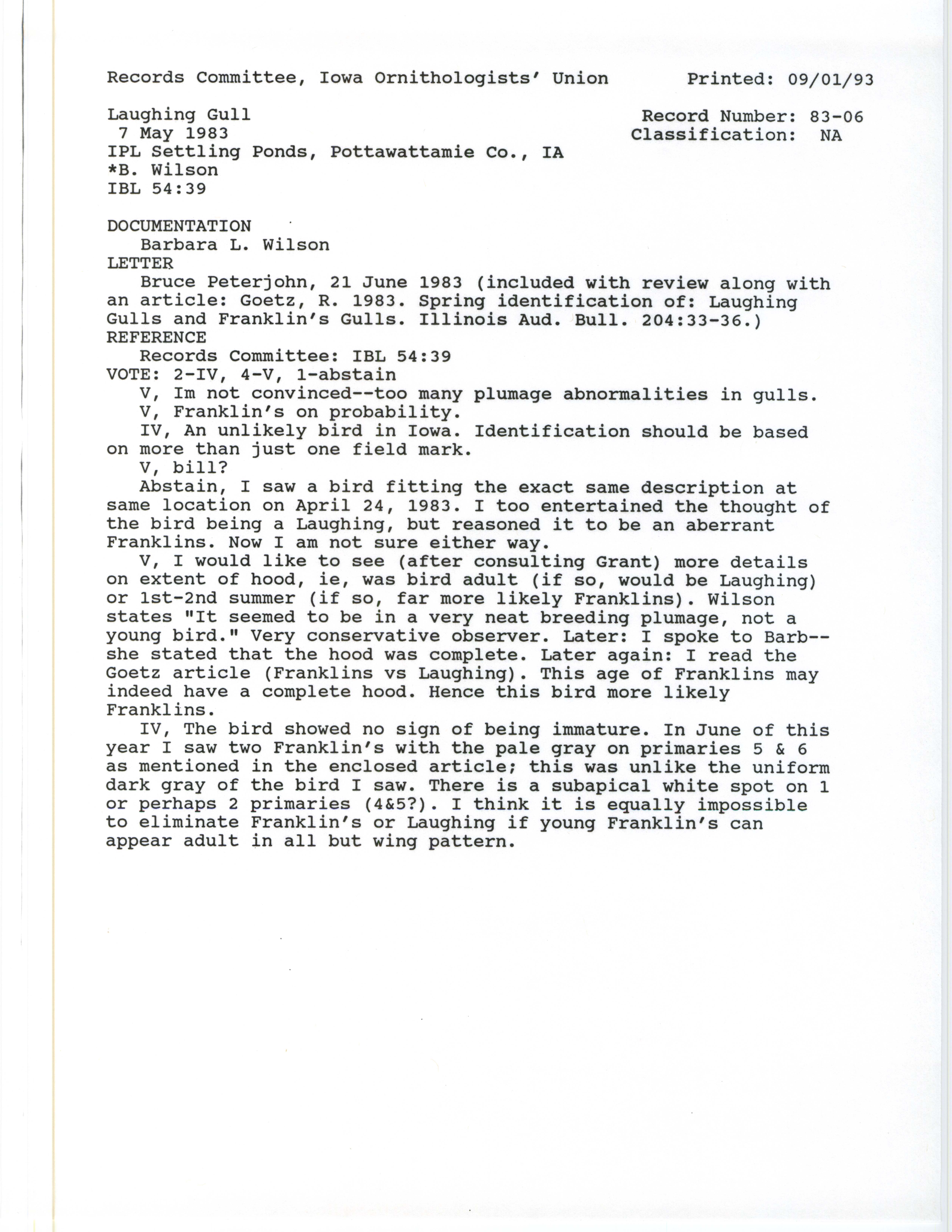 Records Committee review for rare bird sighting of Laughing Gull at IPL Ponds, 1983