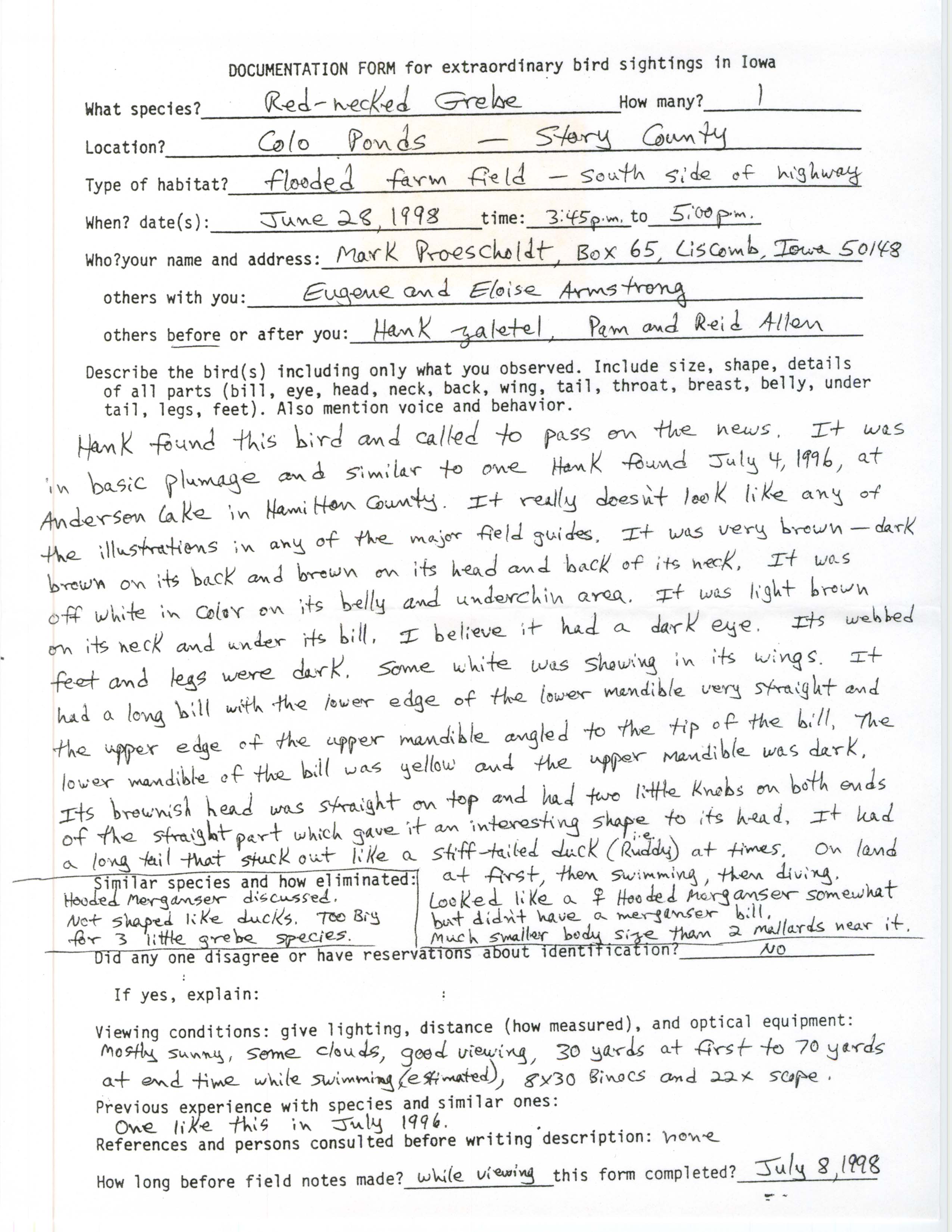 Rare bird documentation form for Red-necked Grebe at Colo Ponds, 1998