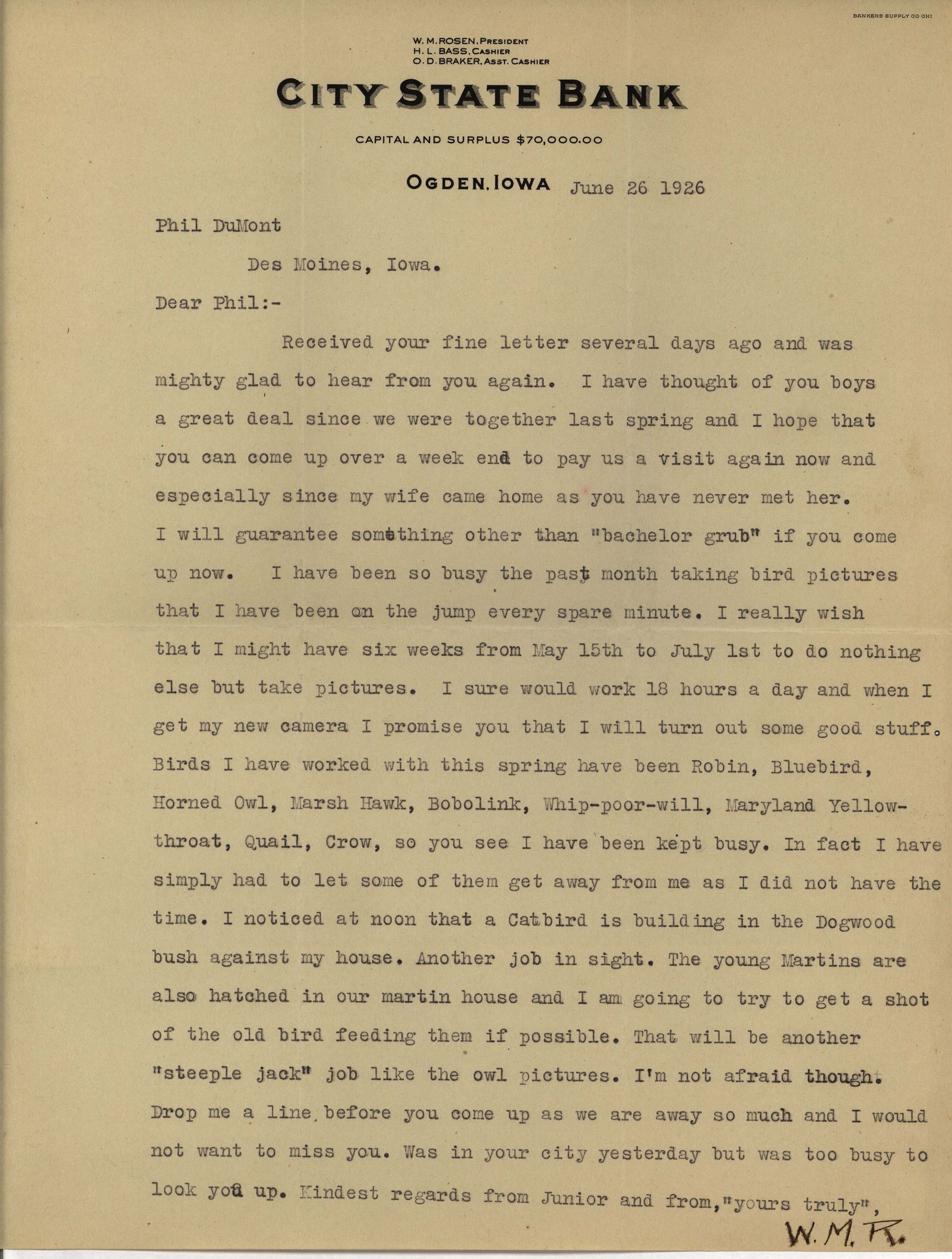 Walter Rosene letter to Philip DuMont regarding bird photography, June 26, 1926