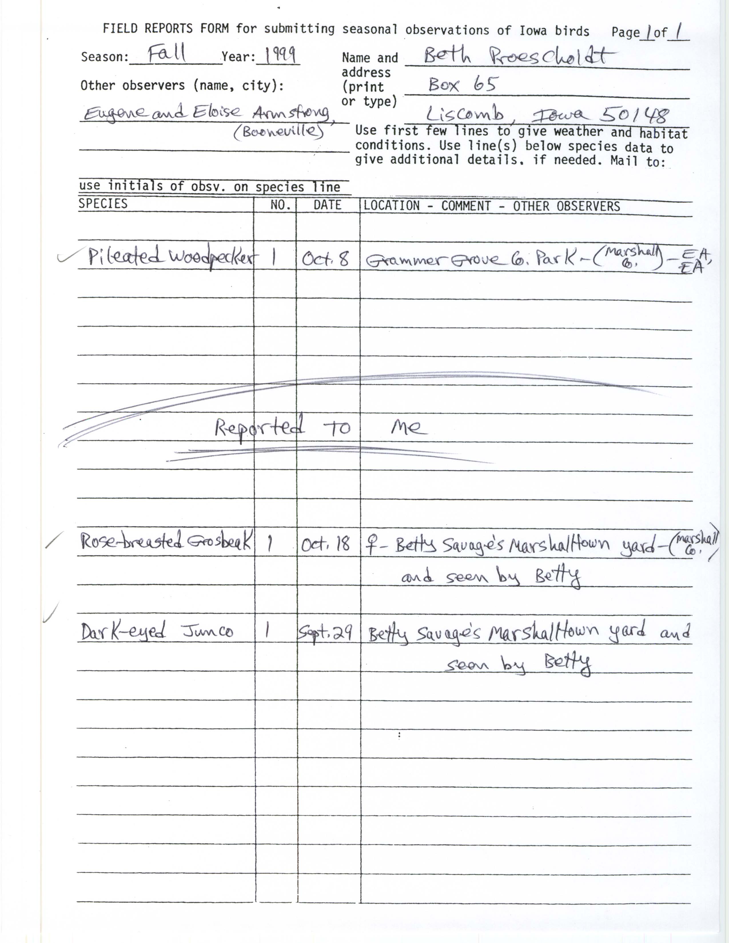 Field reports form for submitting seasonal observations of Iowa birds, fall 1999, Beth Proescholdt