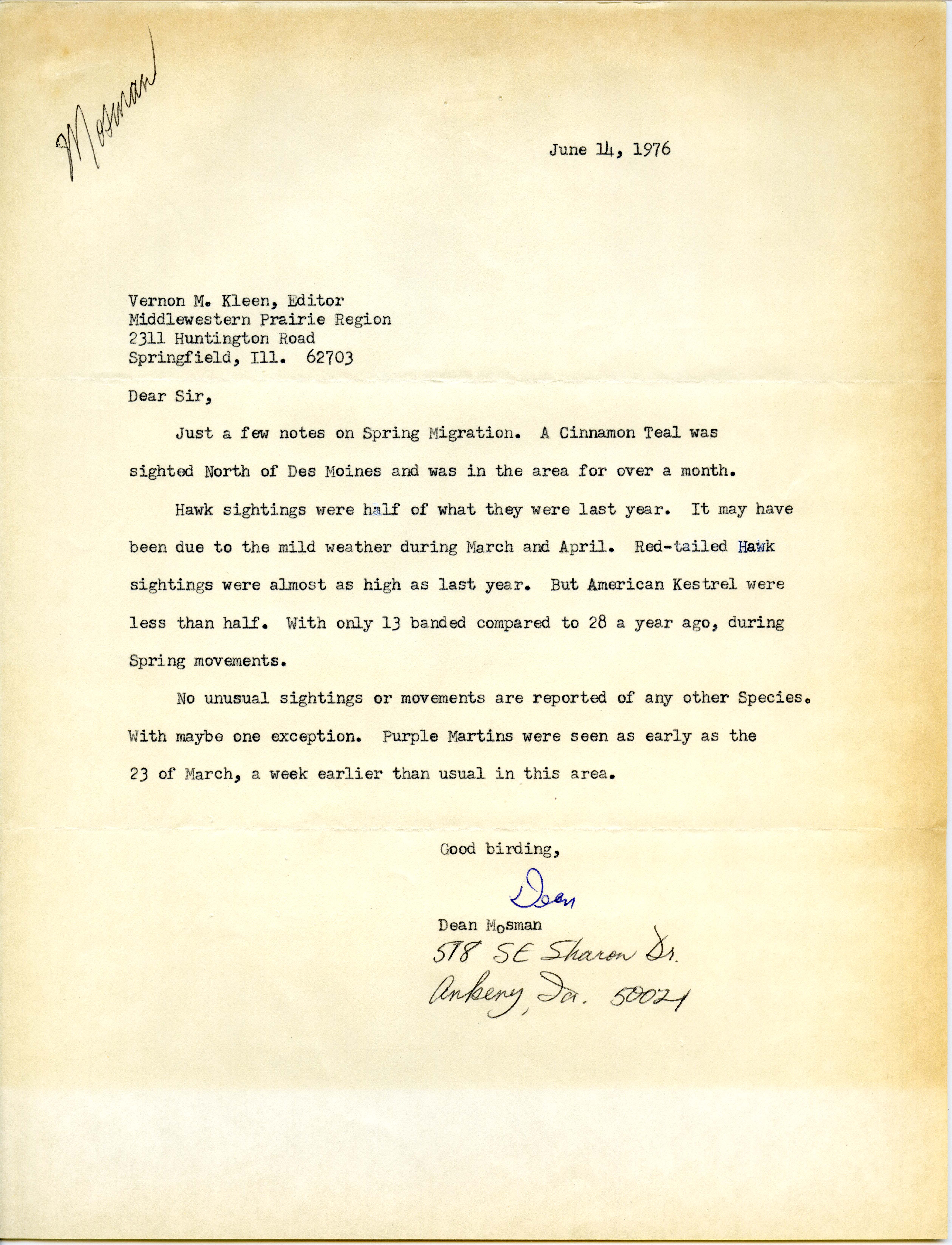 Letter from Dean Mosman to Vernon Kleen containing bird sighting notes, June 14, 1976