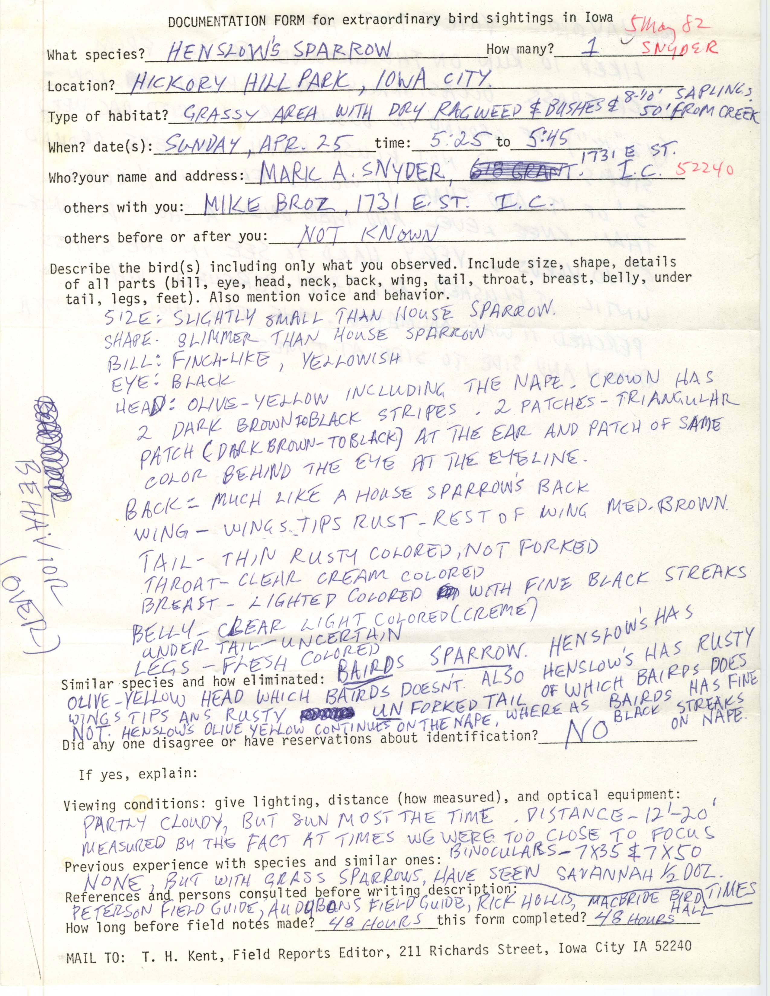 Rare bird documentation form for Henslow's Sparrow at Hickory Hill Park in Iowa City, 1982