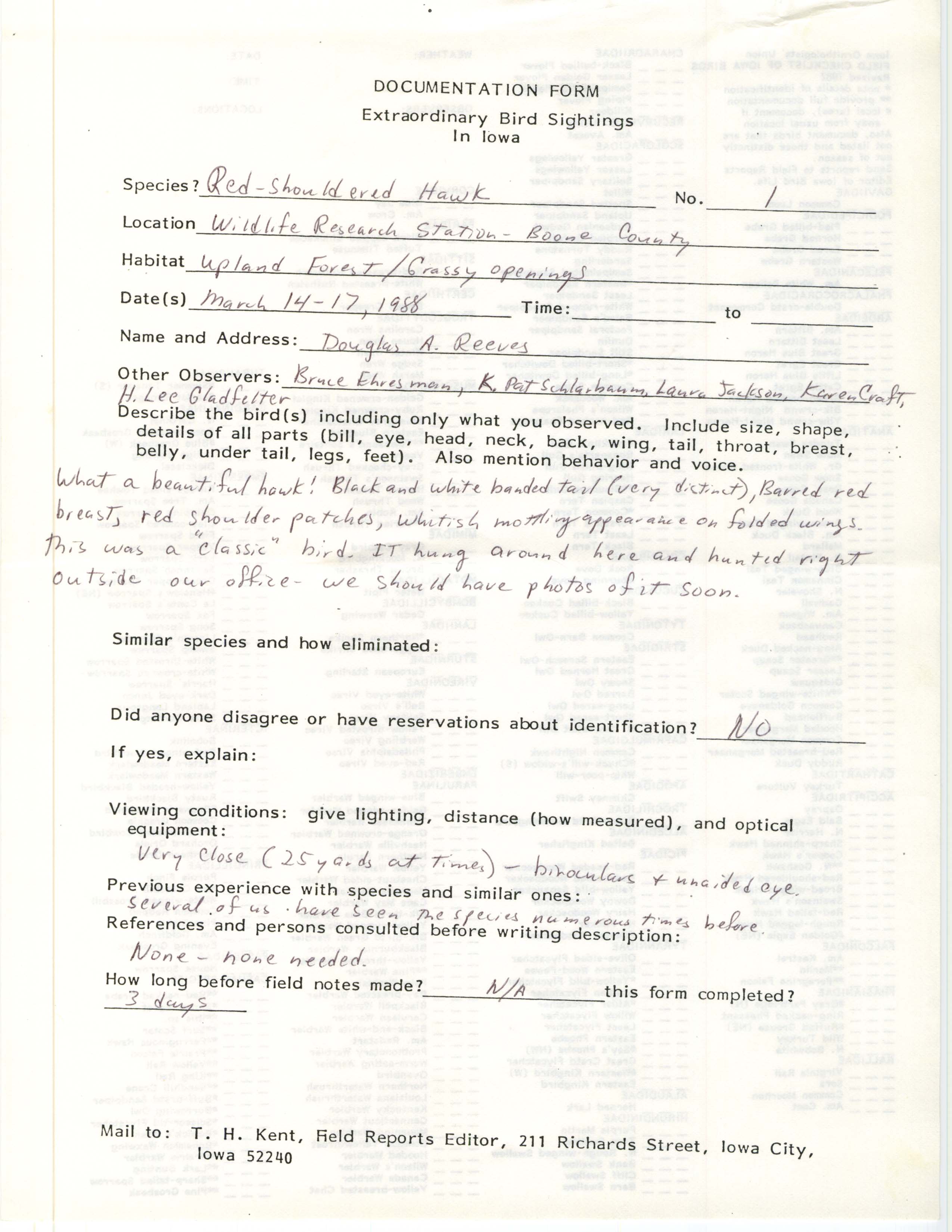 Rare bird documentation form for Red-Shouldered Hawk at Wildlife Research Station in Boone County in 1988