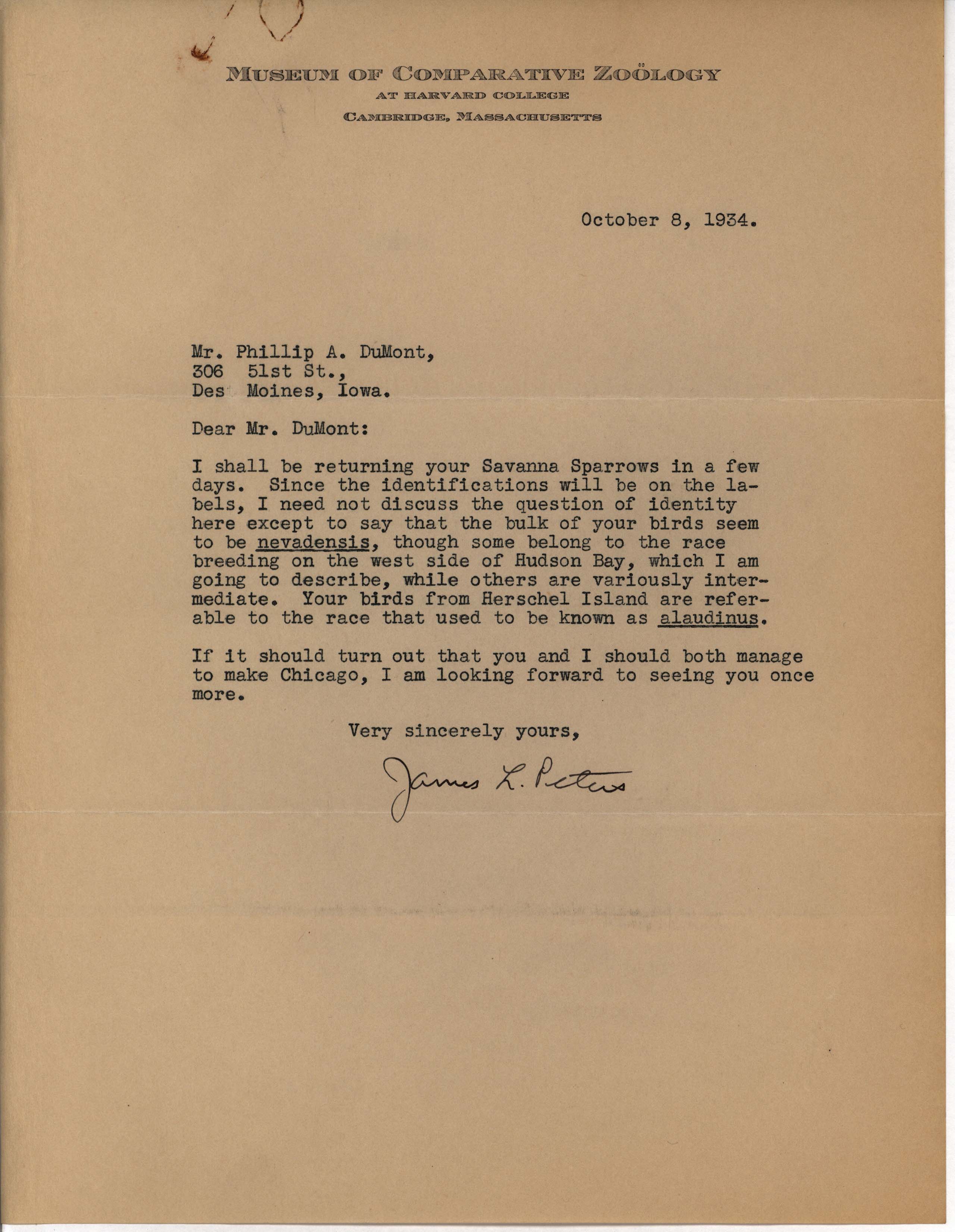 James Peters letter to Philip DuMont regarding Sparrow specimens, October 8, 1934