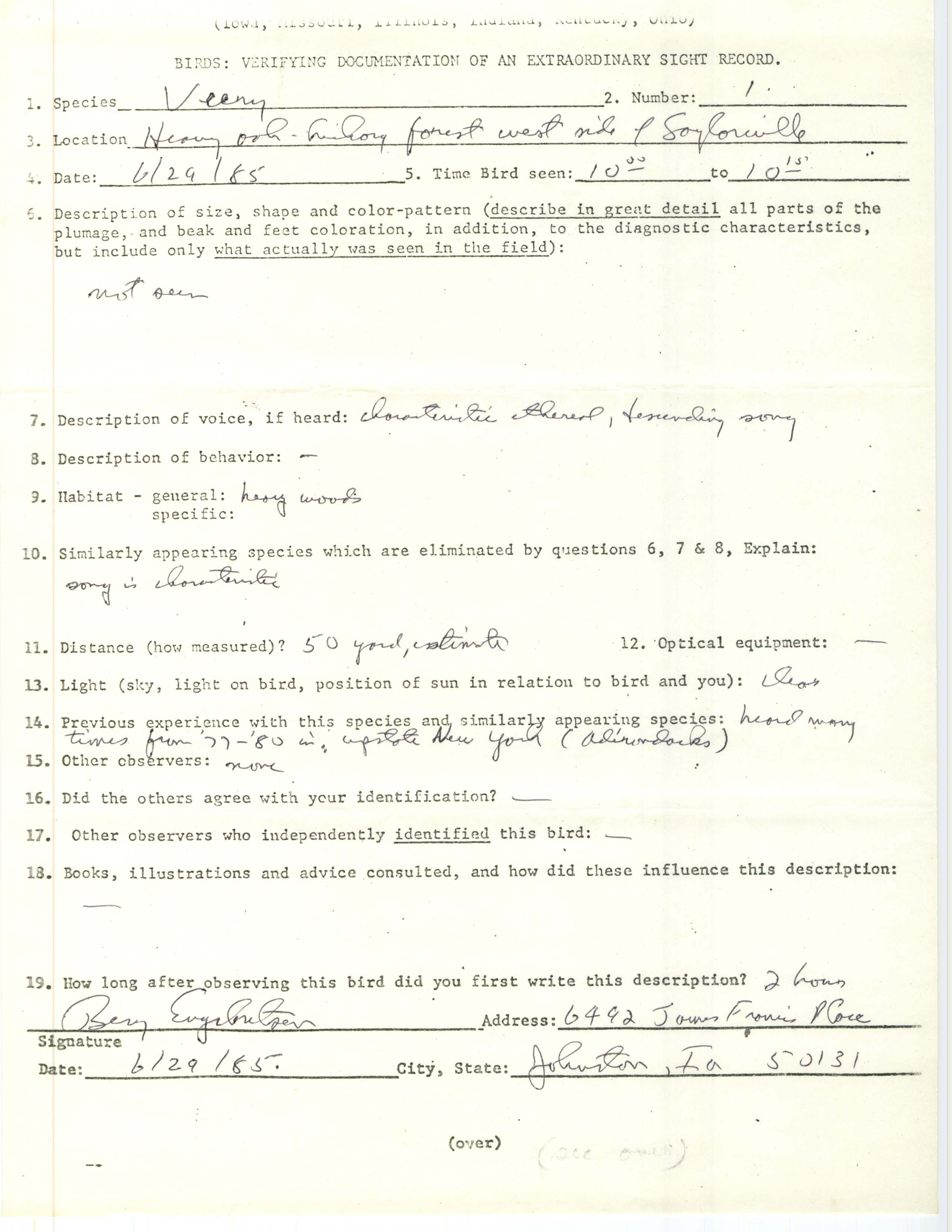 Rare bird documentation form for Veery at Saylorville Lake in 1985