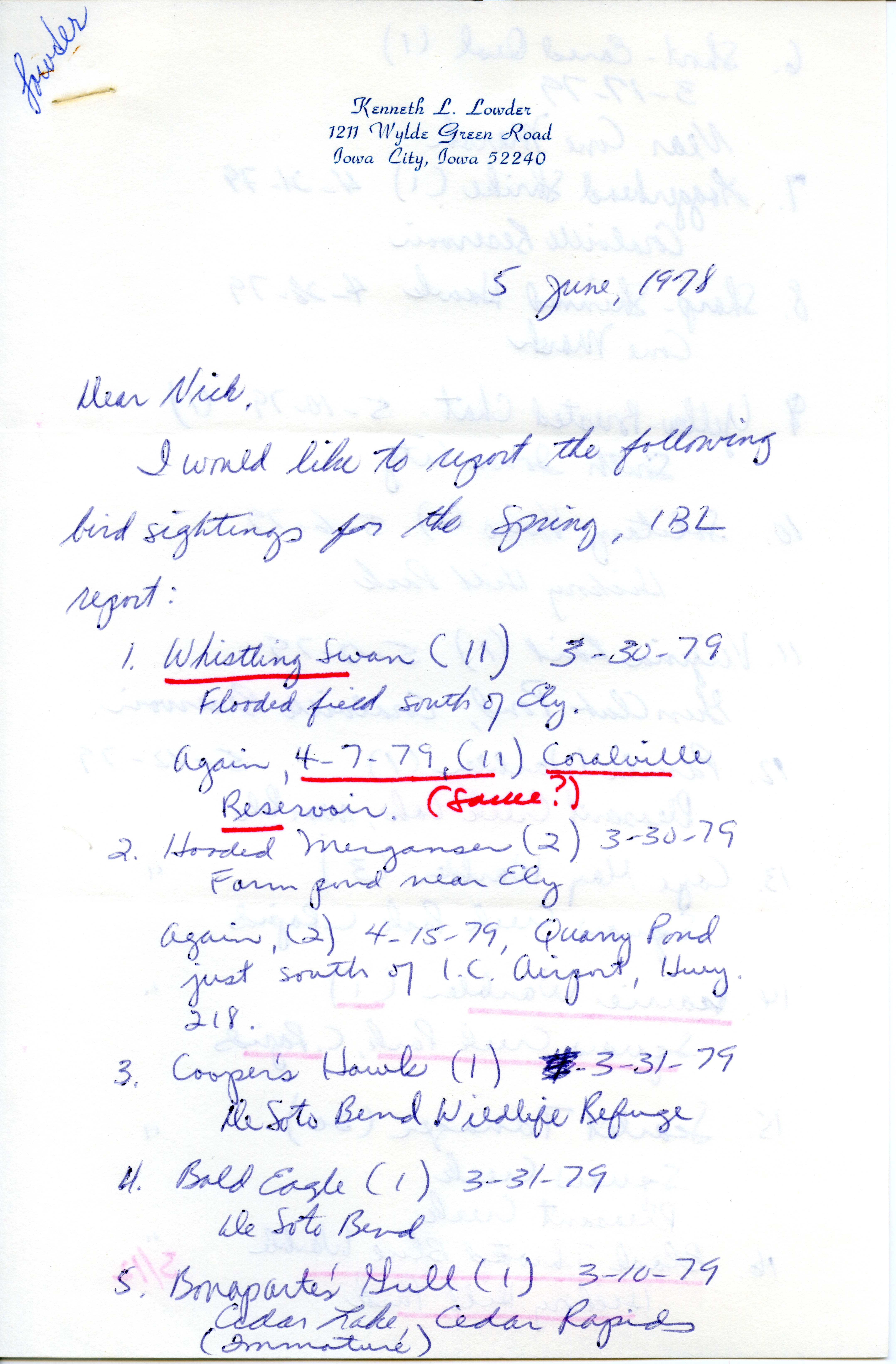 Ken Lowder letter to Nicholas S. Halmi regarding spring bird sightings, June 5, 1979